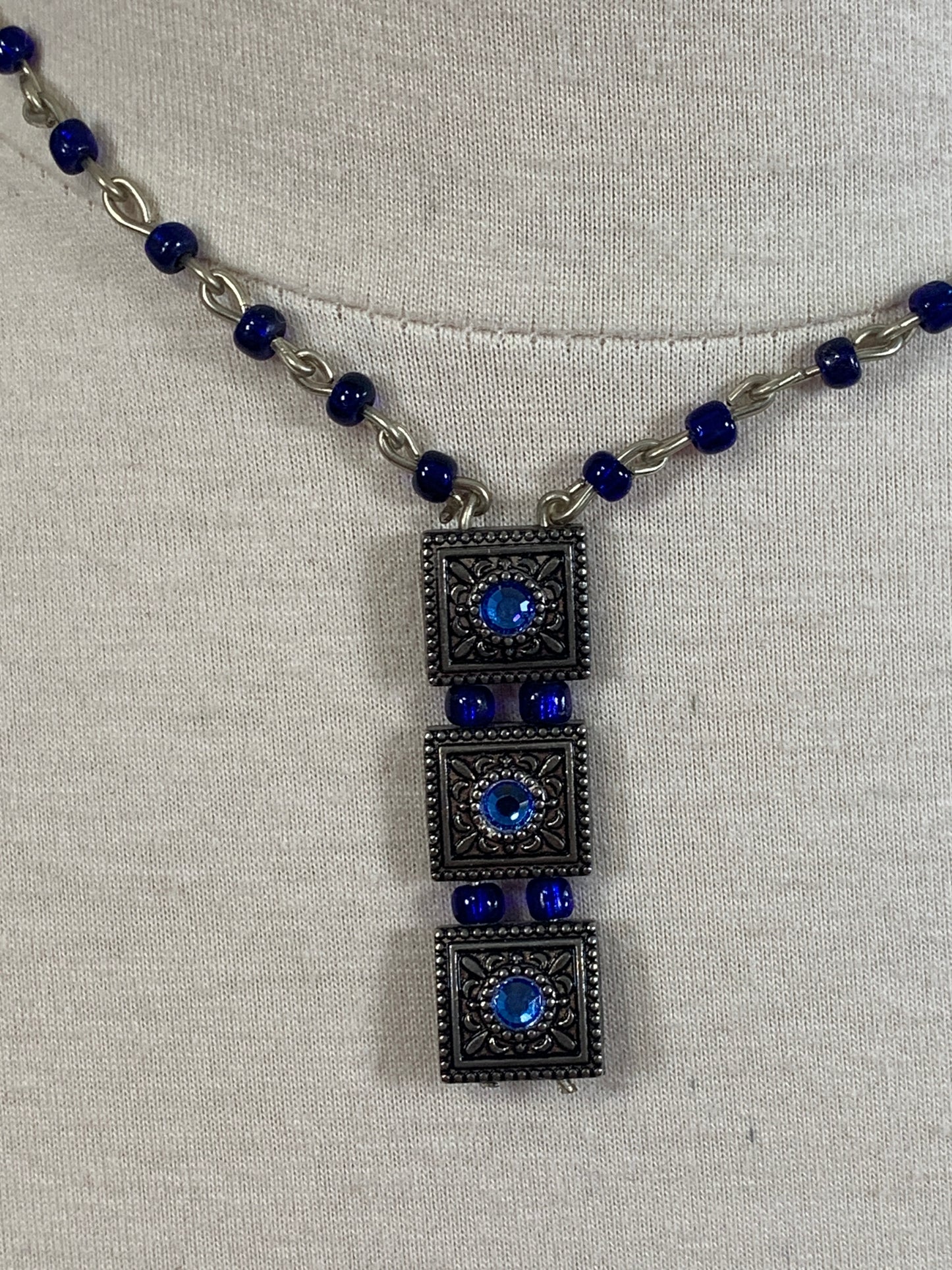 Vintage Hippie Necklace, Silver Chain, Metal with Blue Rhinestones Pendant, Lobster Clasp, Costume Jewelry