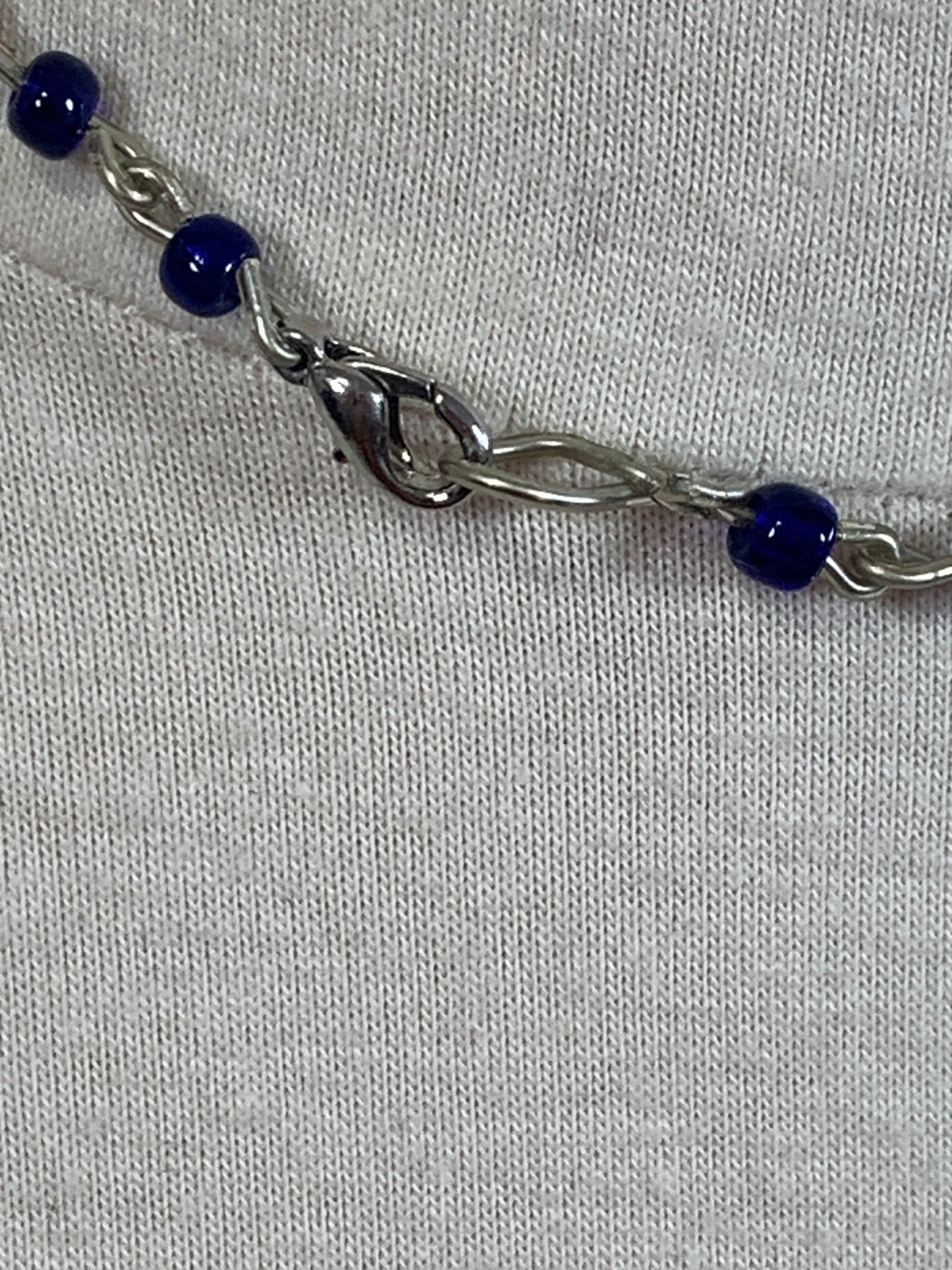 Vintage Hippie Necklace, Silver Chain, Metal with Blue Rhinestones Pendant, Lobster Clasp, Costume Jewelry