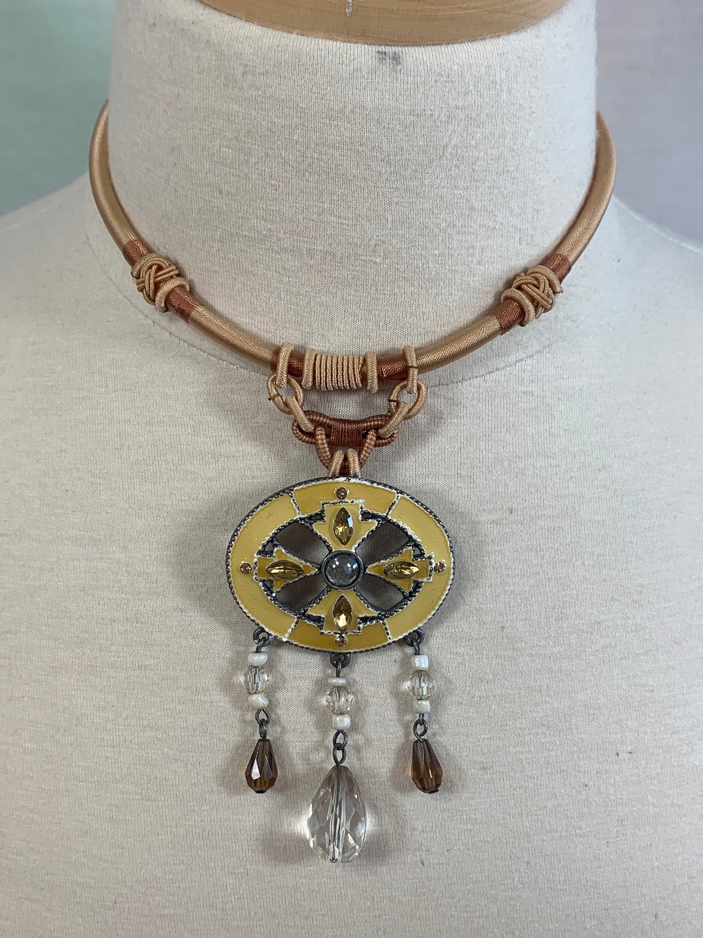 Vintage Boho Chunky Choker Necklace, Loop Closing, Yellow Cloth, Yellow Rhinestones, Bead, Egyptian Style Costume Jewelry