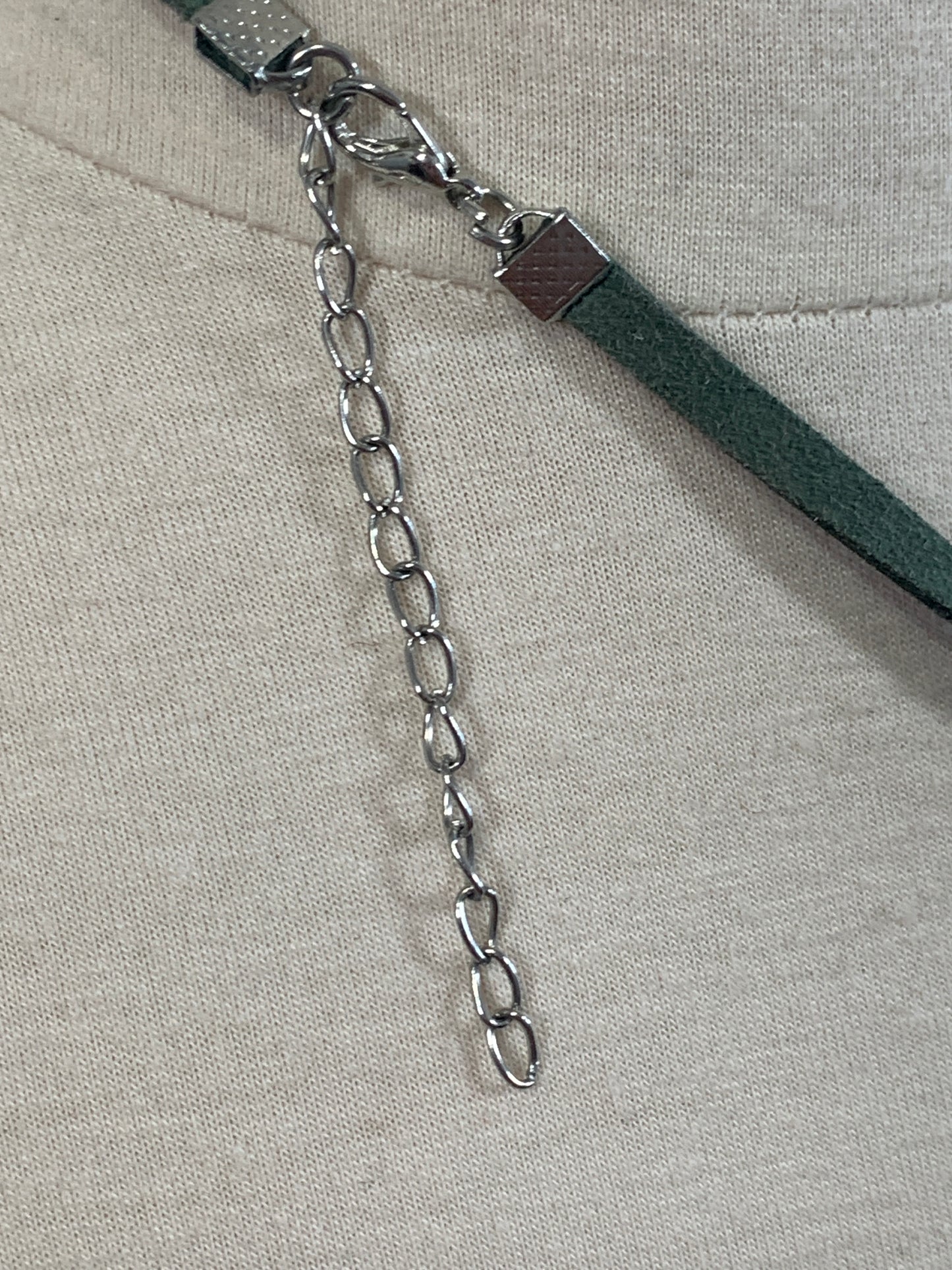 Vintage Boho Chunky Necklace, Lobster Closing, Green Cloth, Silver Tones, Costume Jewelry