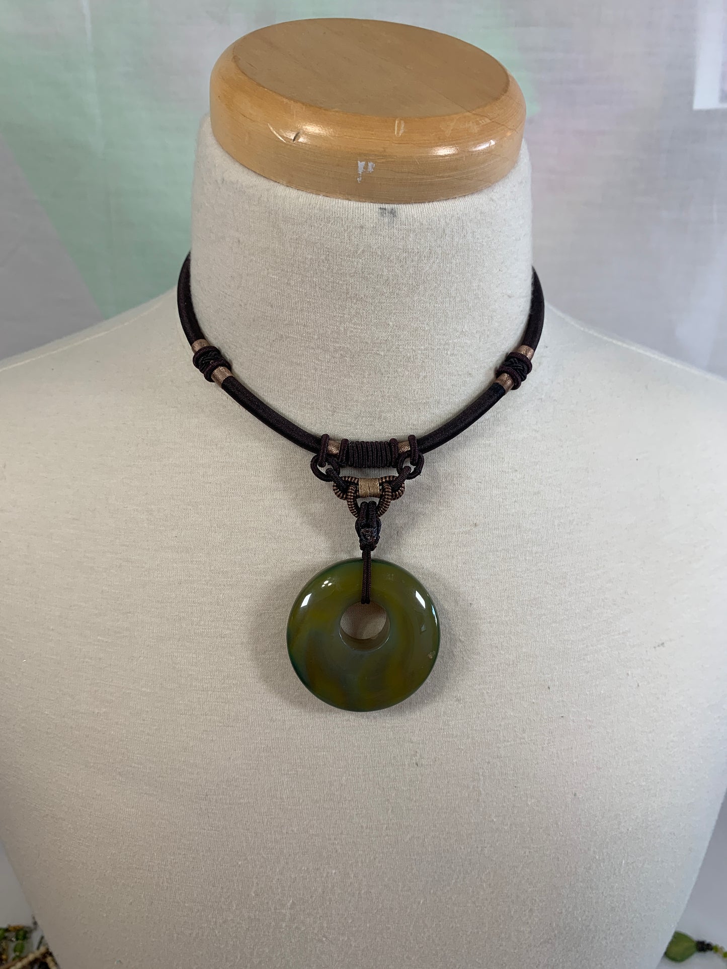 Vintage Boho Chunky Necklace, LoopClosing, Brown Cloth, Copper Tones, Egyptian Style Costume Jewelry