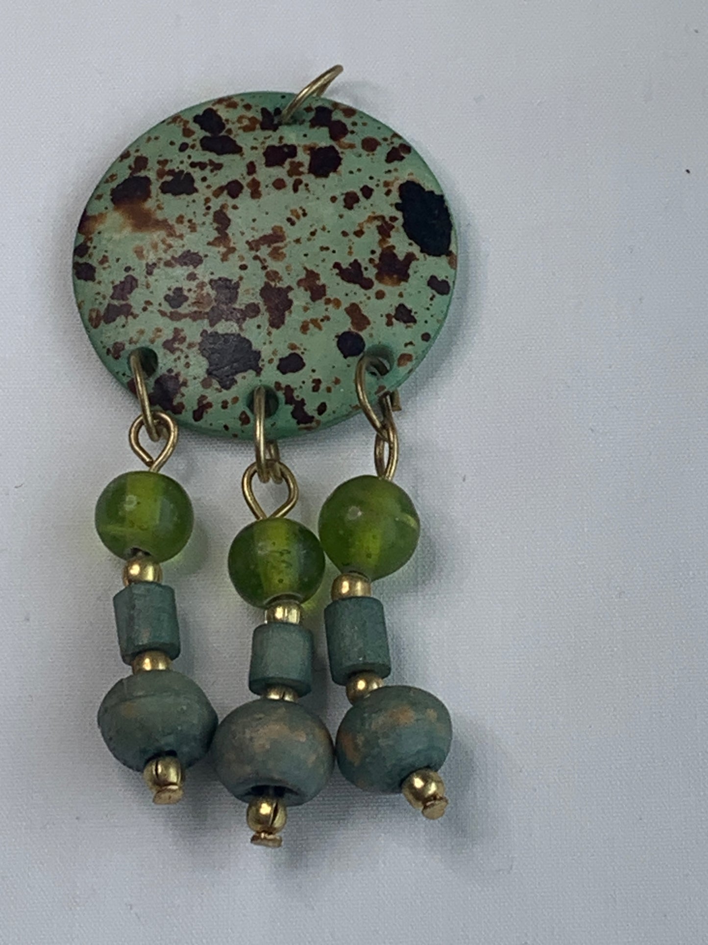 Hippie Green and Brown Abstract Pendant, Green and Gold Beads, Gold Bail