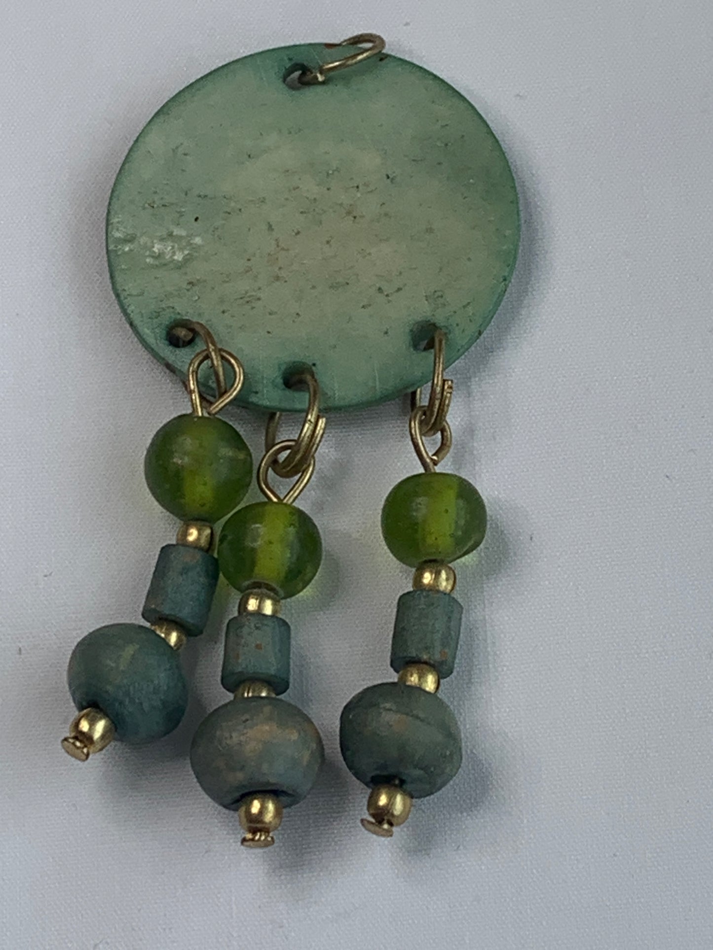 Hippie Green and Brown Abstract Pendant, Green and Gold Beads, Gold Bail