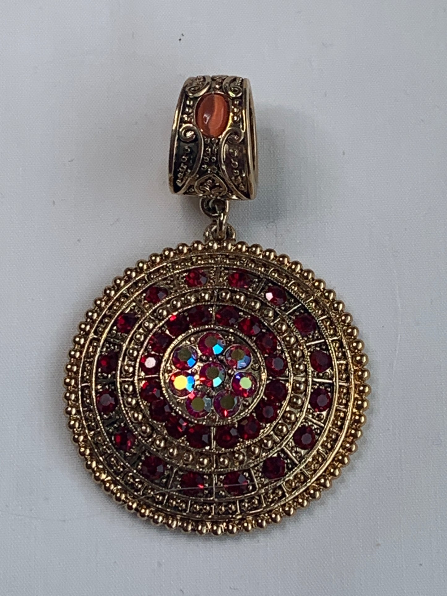 Egyptian Style Pendant, Red Rhinestones, Gold Toned Bail with Peach Stone, Clear Rhinestones, Circle