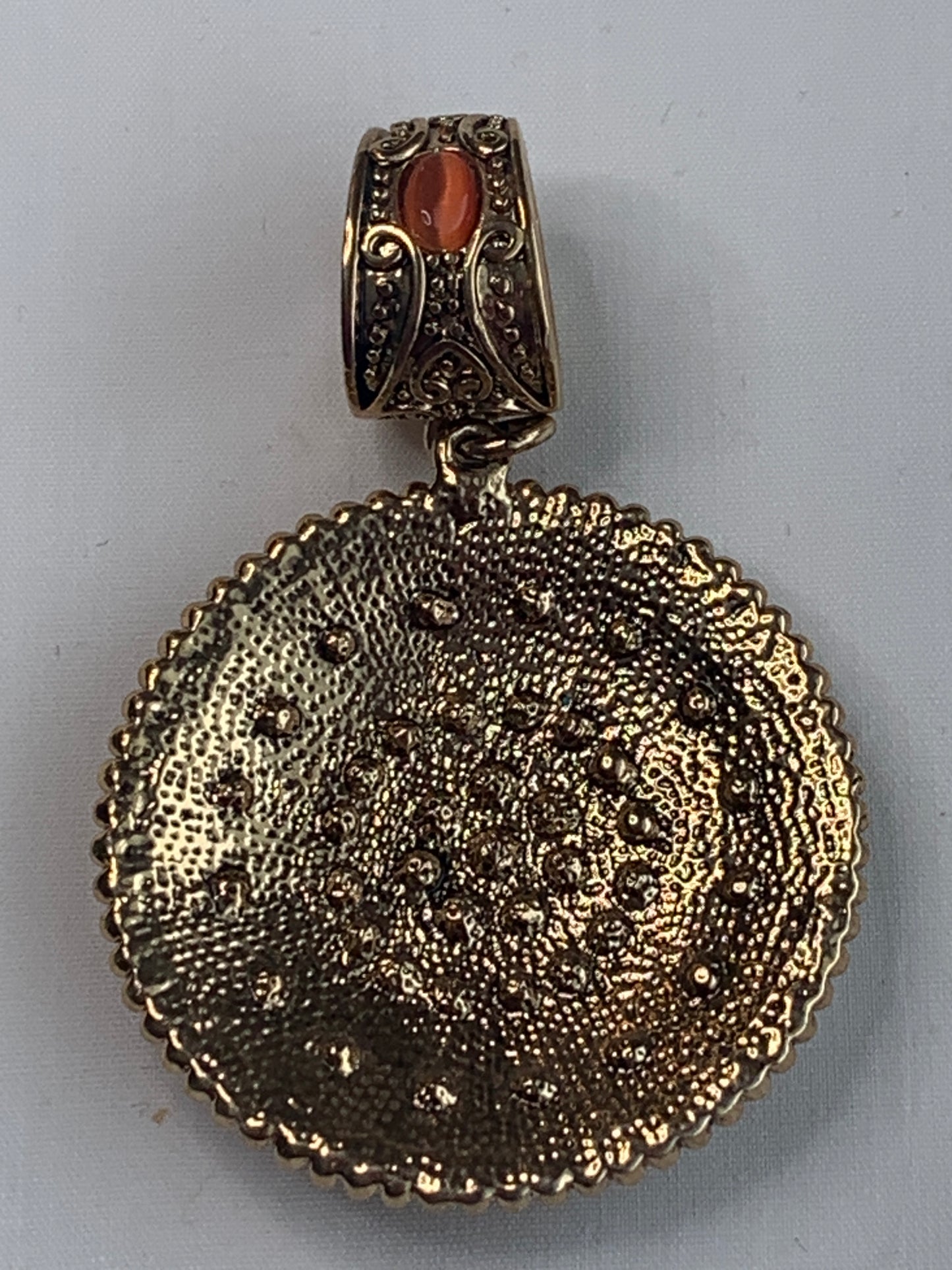 Egyptian Style Pendant, Red Rhinestones, Gold Toned Bail with Peach Stone, Clear Rhinestones, Circle