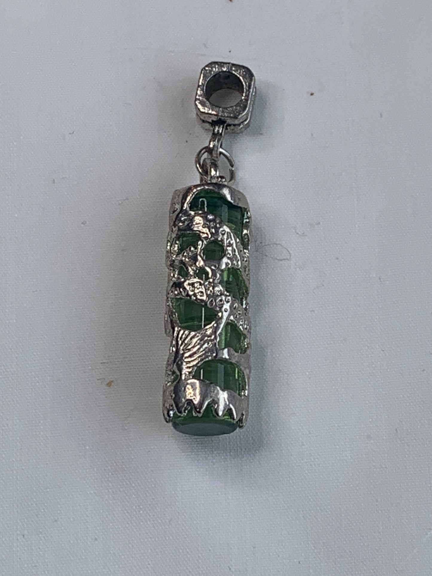 Cylinder Green Silver Necklace Pendant, Silver Bail, Abstract, Hippie