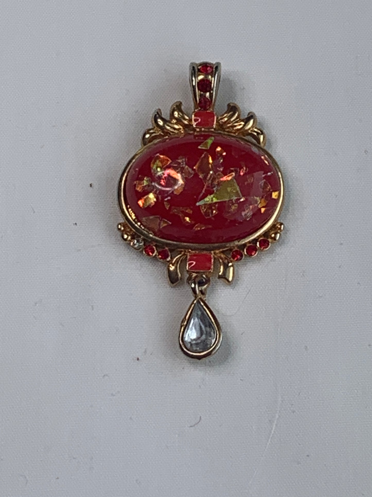 Chinese Style Pendant, Red Stone, Red Rhinestones, Gold Toned Bail, Clear Tear Drop Stone