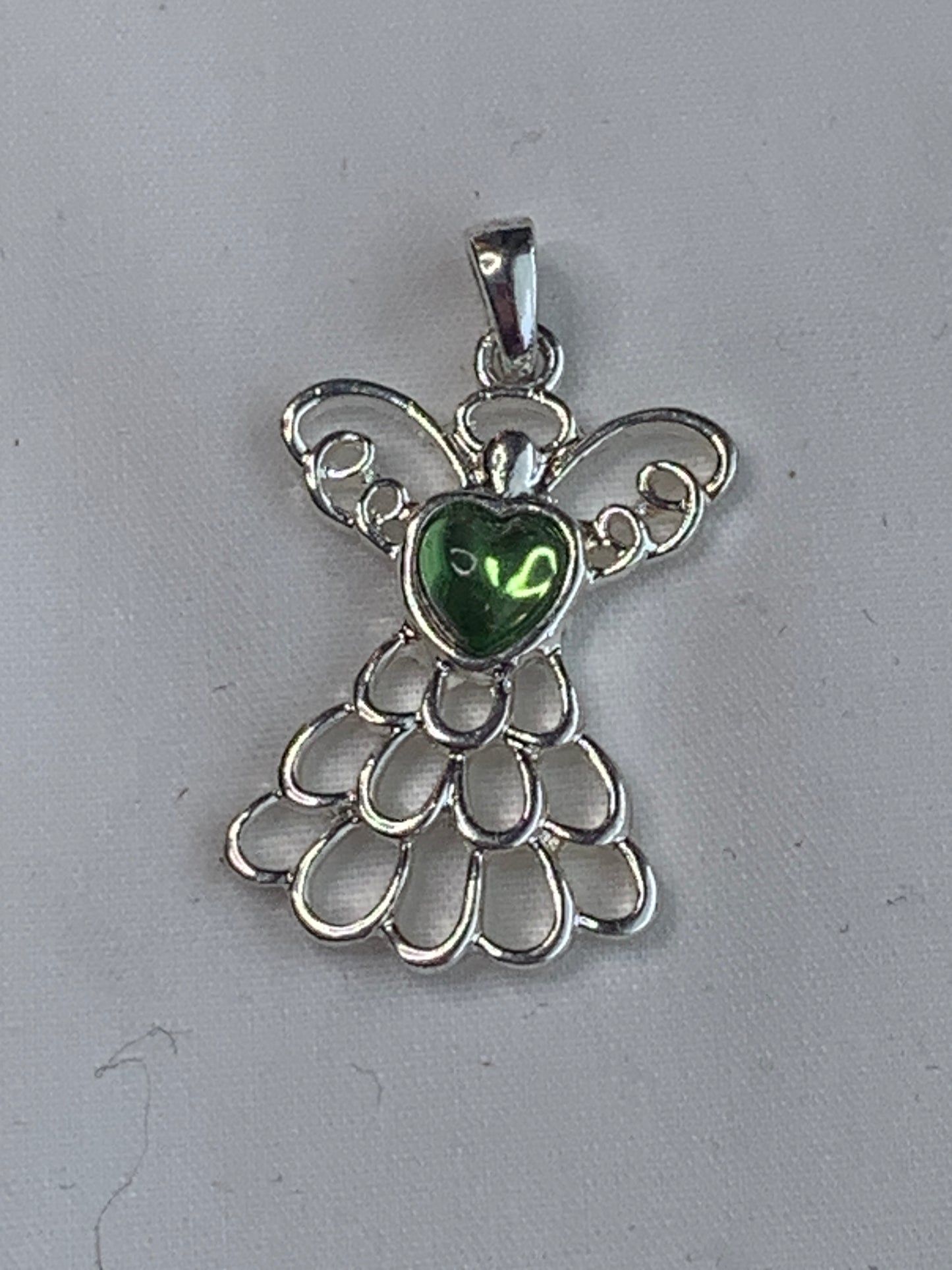 Silver Angel Pendant, Green Heart, Silver Bail