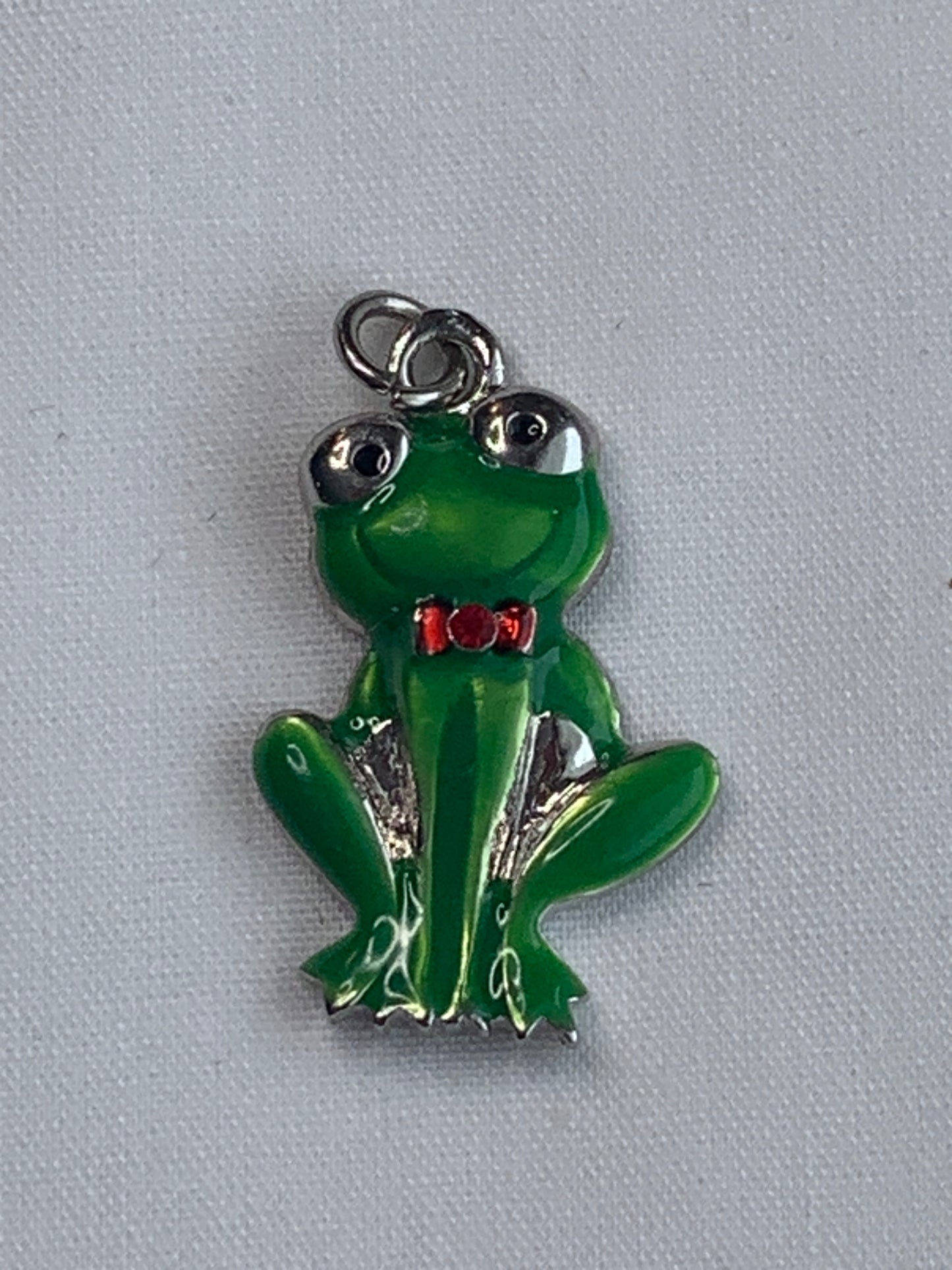 Green/Silver Frog Pendant, Silver Bail, Red Bow Tie
