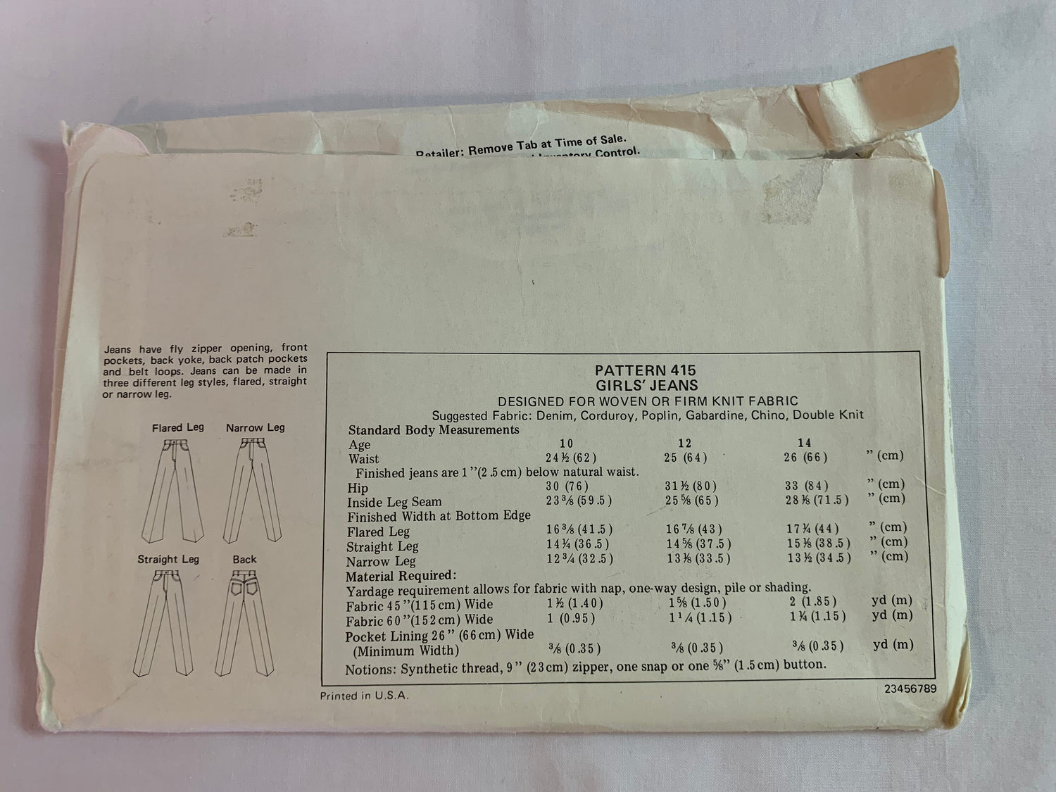 KWIK Sewing Pattern 415 Girls' Jeans, Pockets, Zipper Front, Belt Loops, 3 Leg Variations, Size 10-14, Uncut, Vintage 1998