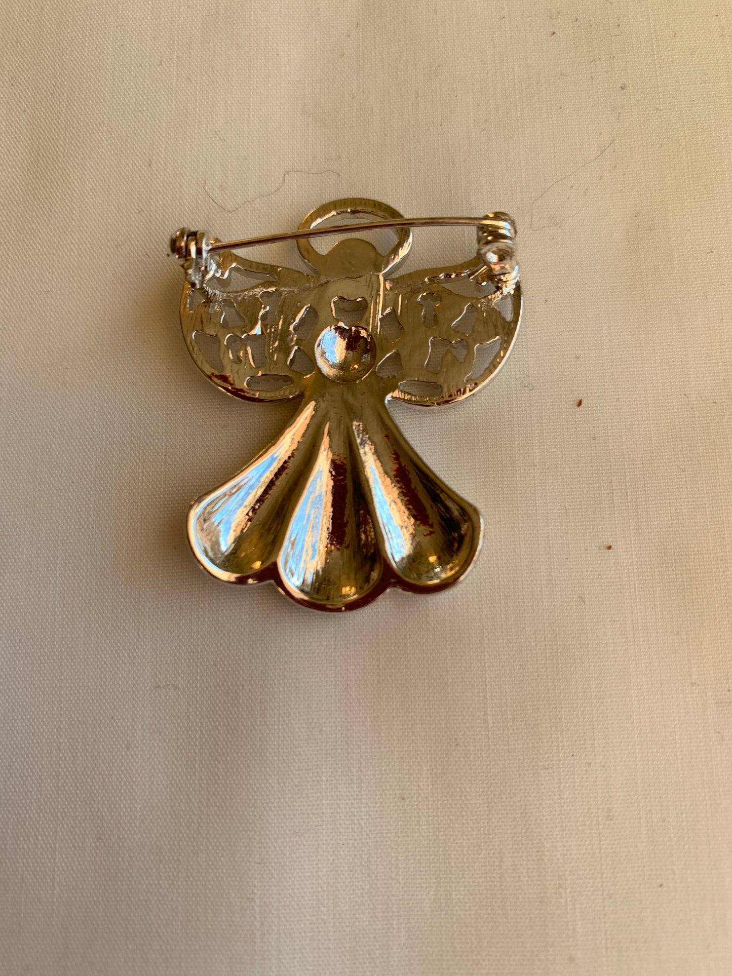 Silver Angel Brooch, Clear Rhinestones, Rolled Safety Pin Closing, Textured