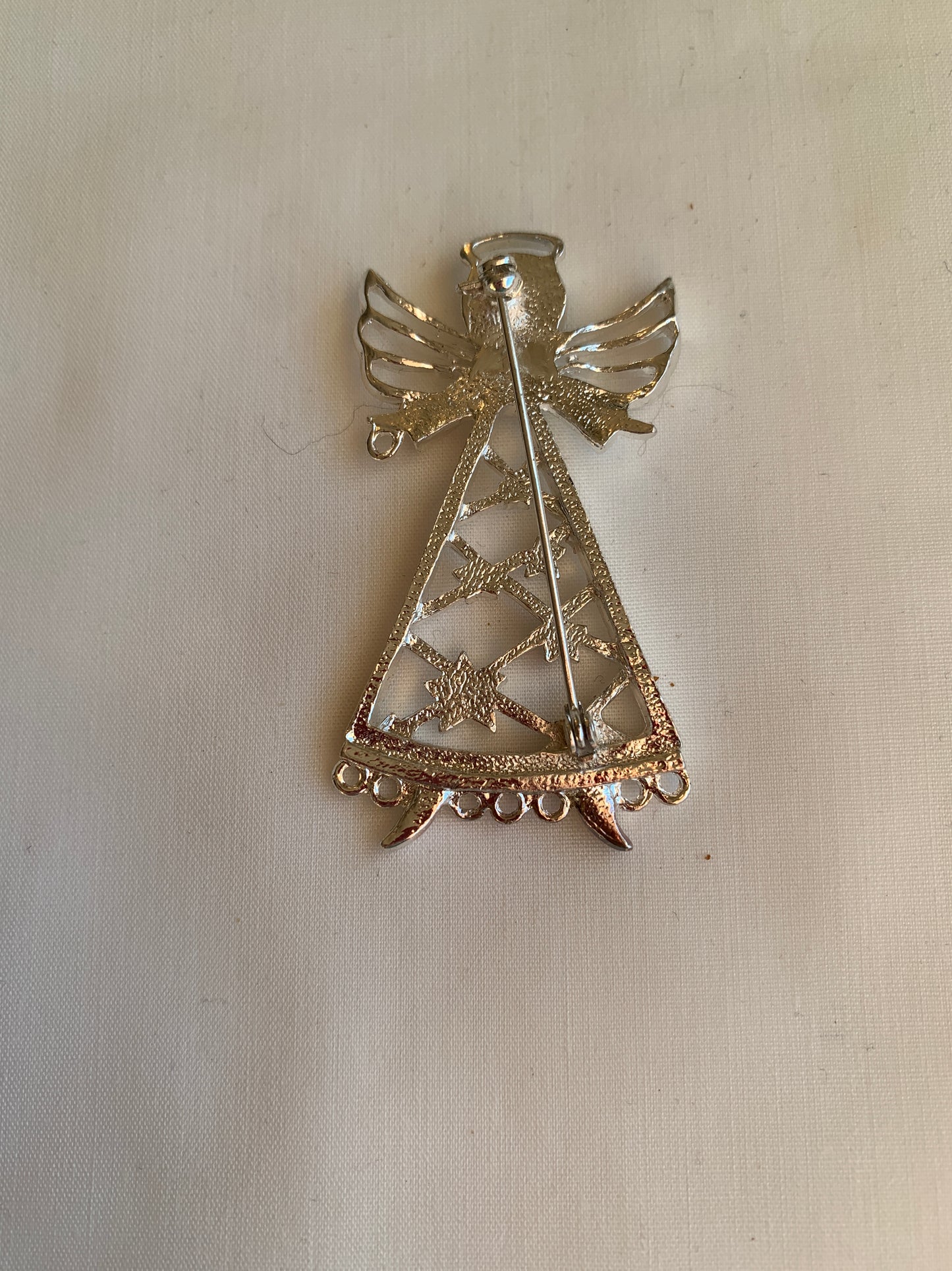 Silver Angel Brooch, Clear Rhinestones, Rolled Safety Pin Closing, Textured