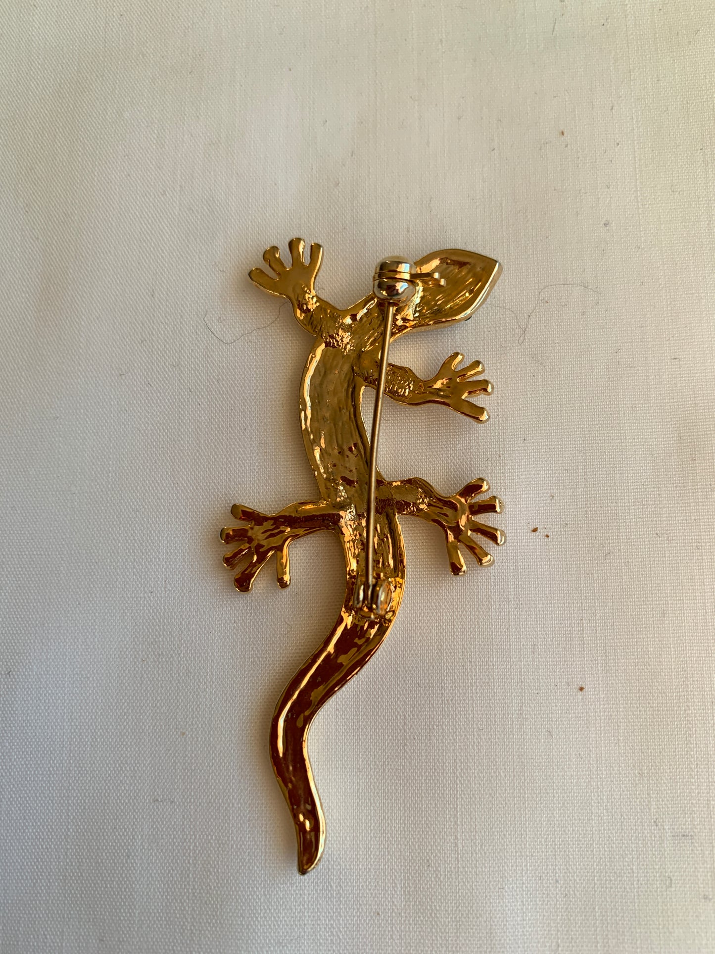 Clear Rhinestone Lizard Pin, Green Eyes, Rolled Safety Pin Closing, Gold Tone