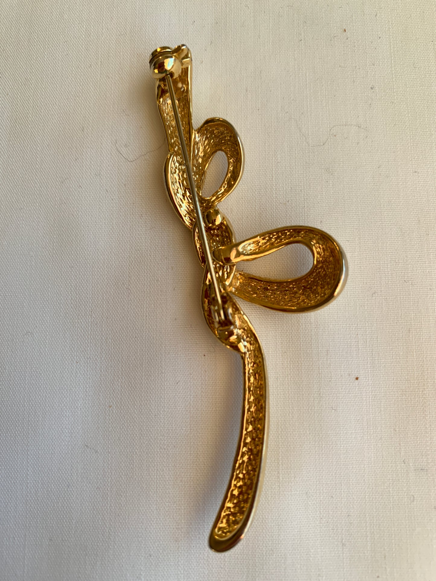 Clear Rhinestone Ribbon Bow Brooch, Abstract, Rolled Safety Pin Closing, Gold Tone