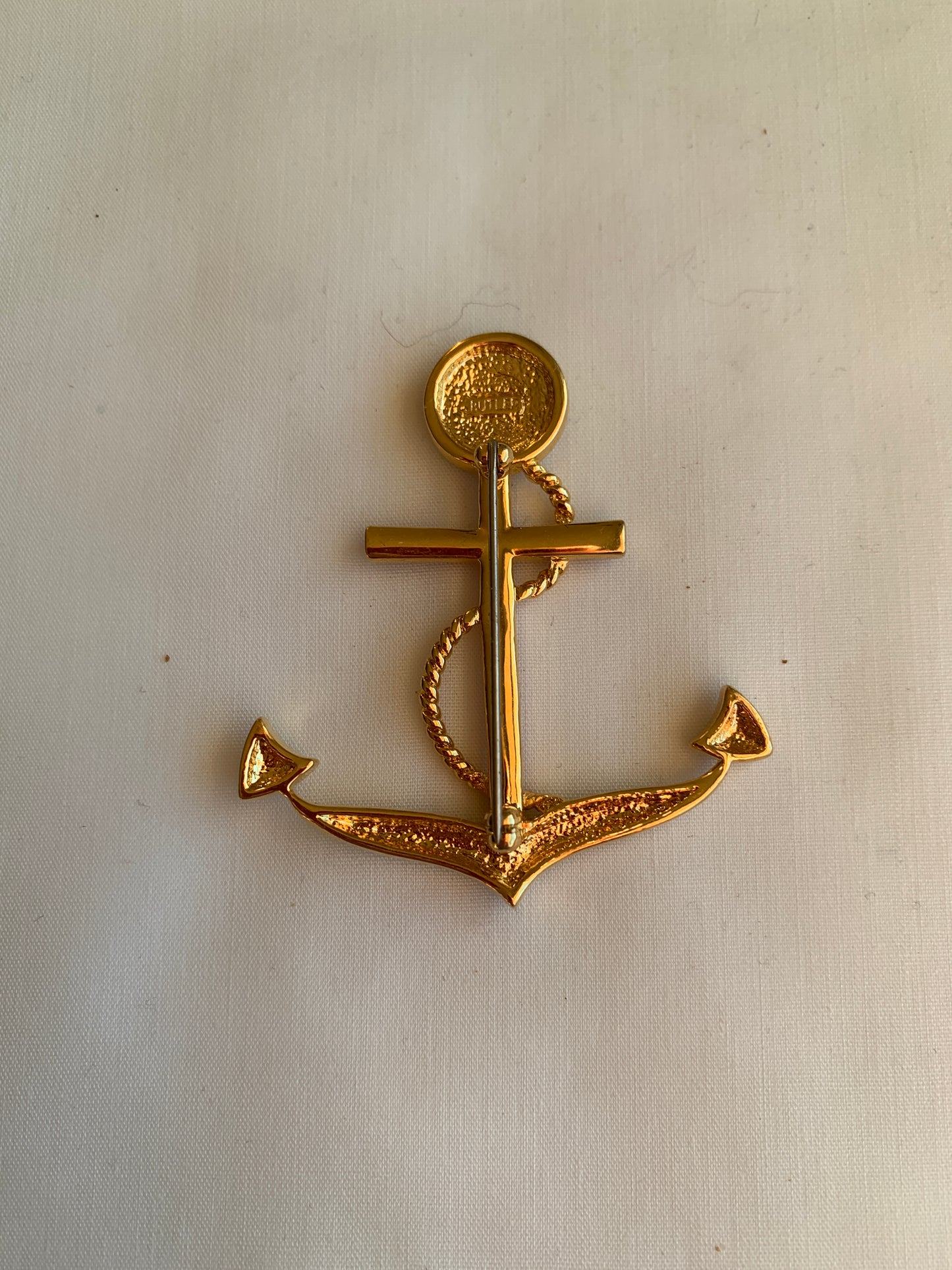 Butler Anchor Brooch, Red, Blue, Clear Rhinestones, Rolled Safety Pin Closing, Gold Tone