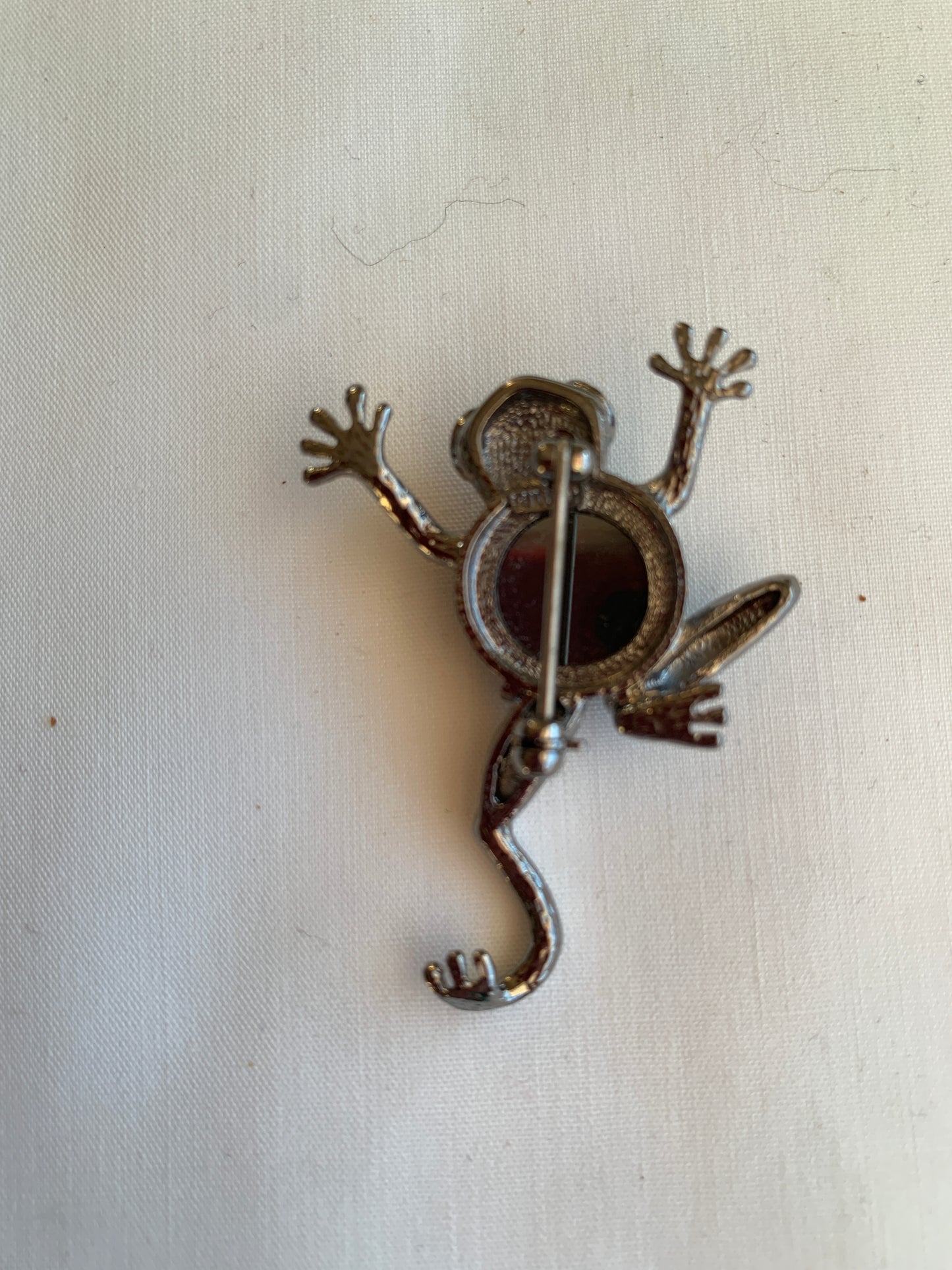 Frog Pin, Clear Rhinstone Eyes, Black Stone, Silver Tones,Rolled Safety Pin Closing