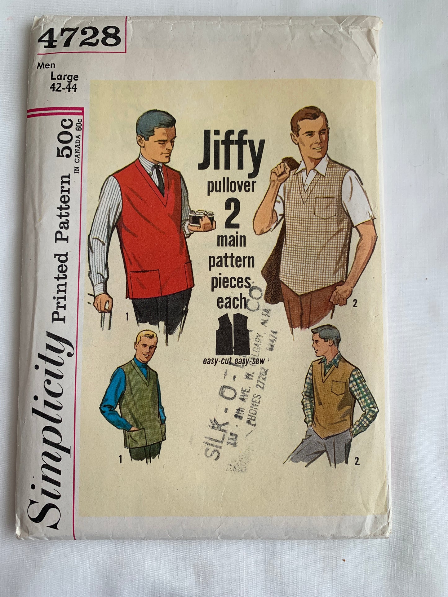 Simplicity Jiffy Sewing Pattern 4728 Men's Pullover Vest, Pockets, Sleeveless, Size 42-44, Cut, Vintage 1960