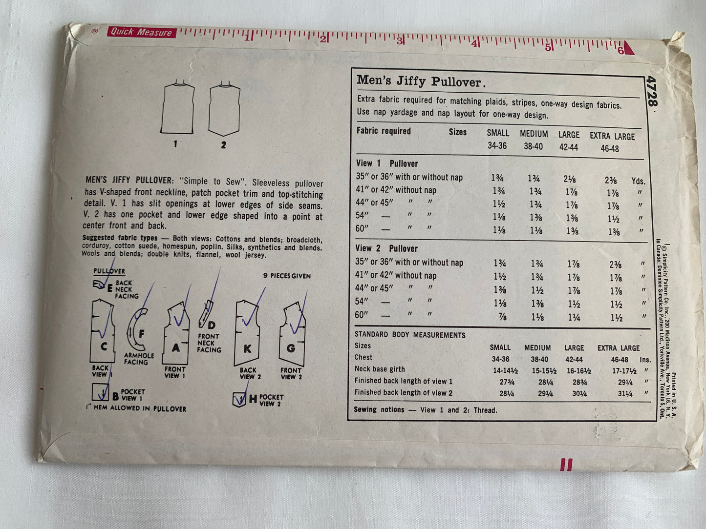 Simplicity Jiffy Sewing Pattern 4728 Men's Pullover Vest, Pockets, Sleeveless, Size 42-44, Cut, Vintage 1960