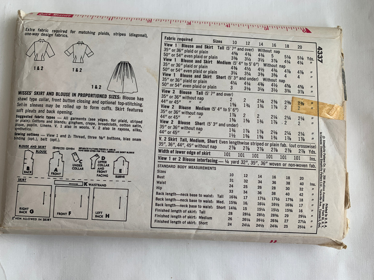 Simplicity Sewing Pattern 4337 Misses' Top, Blouse, Skirt, Button Front, Zipper Back, Size 10, Cut, Vintage 1955