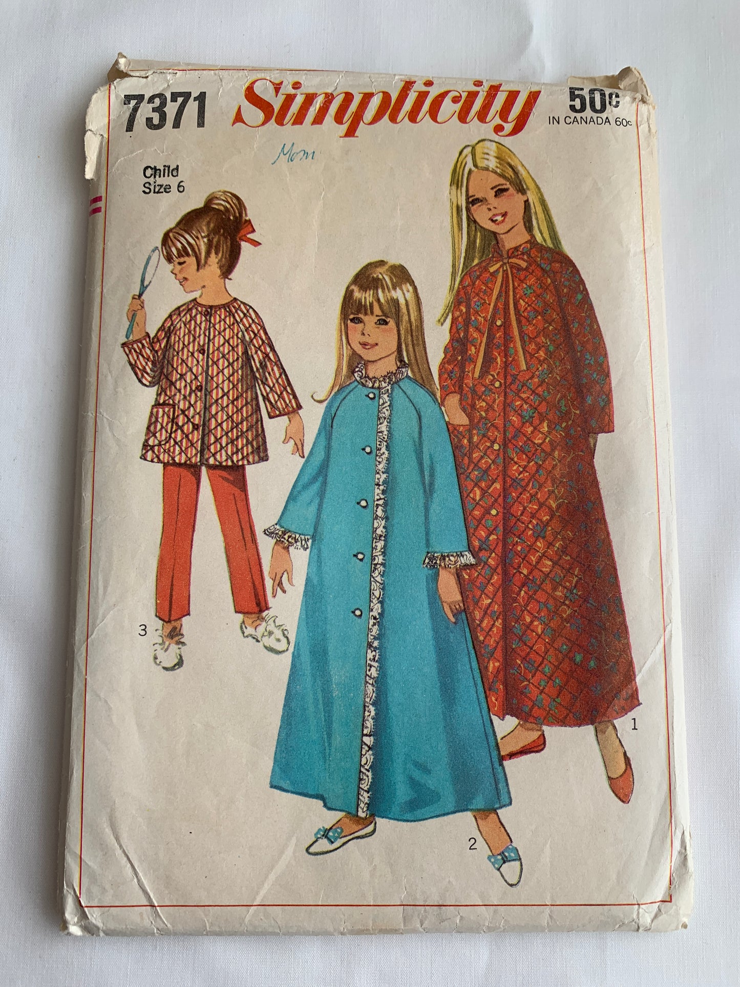 Simplicity Sewing Pattern 7371 Girls' Sleepwear, Housecoat, Robe, Top, Pants, Long Sleeves, Pockets, Button Front, Size 6, Cut, Vintage 1967