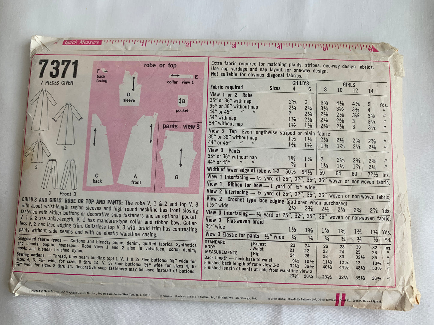 Simplicity Sewing Pattern 7371 Girls' Sleepwear, Housecoat, Robe, Top, Pants, Long Sleeves, Pockets, Button Front, Size 6, Cut, Vintage 1967