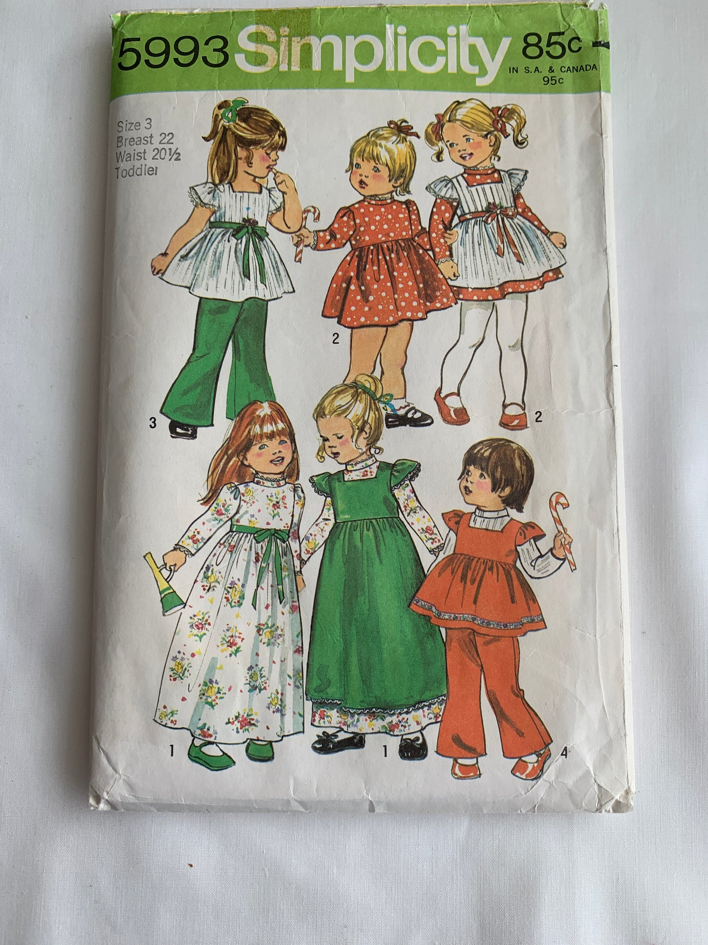 Simplicity Sewing Pattern 5993 Toddlers' Dress, Smock, Two Lengths, Bell-Bottom Pants, Zipper Back, Elastic Waist, Size 3, Cut, Vintage 1973