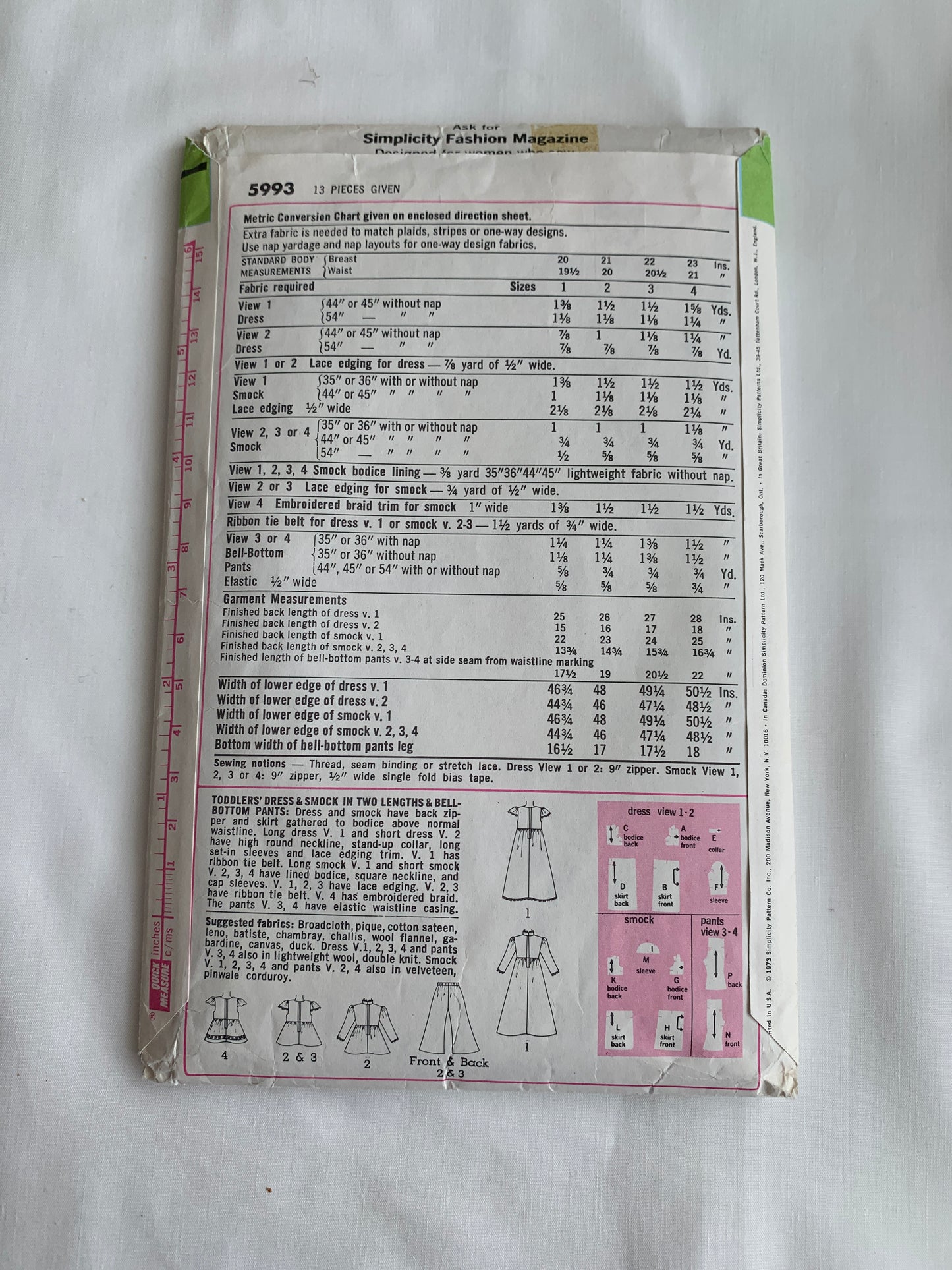Simplicity Sewing Pattern 5993 Toddlers' Dress, Smock, Two Lengths, Bell-Bottom Pants, Zipper Back, Elastic Waist, Size 3, Cut, Vintage 1973