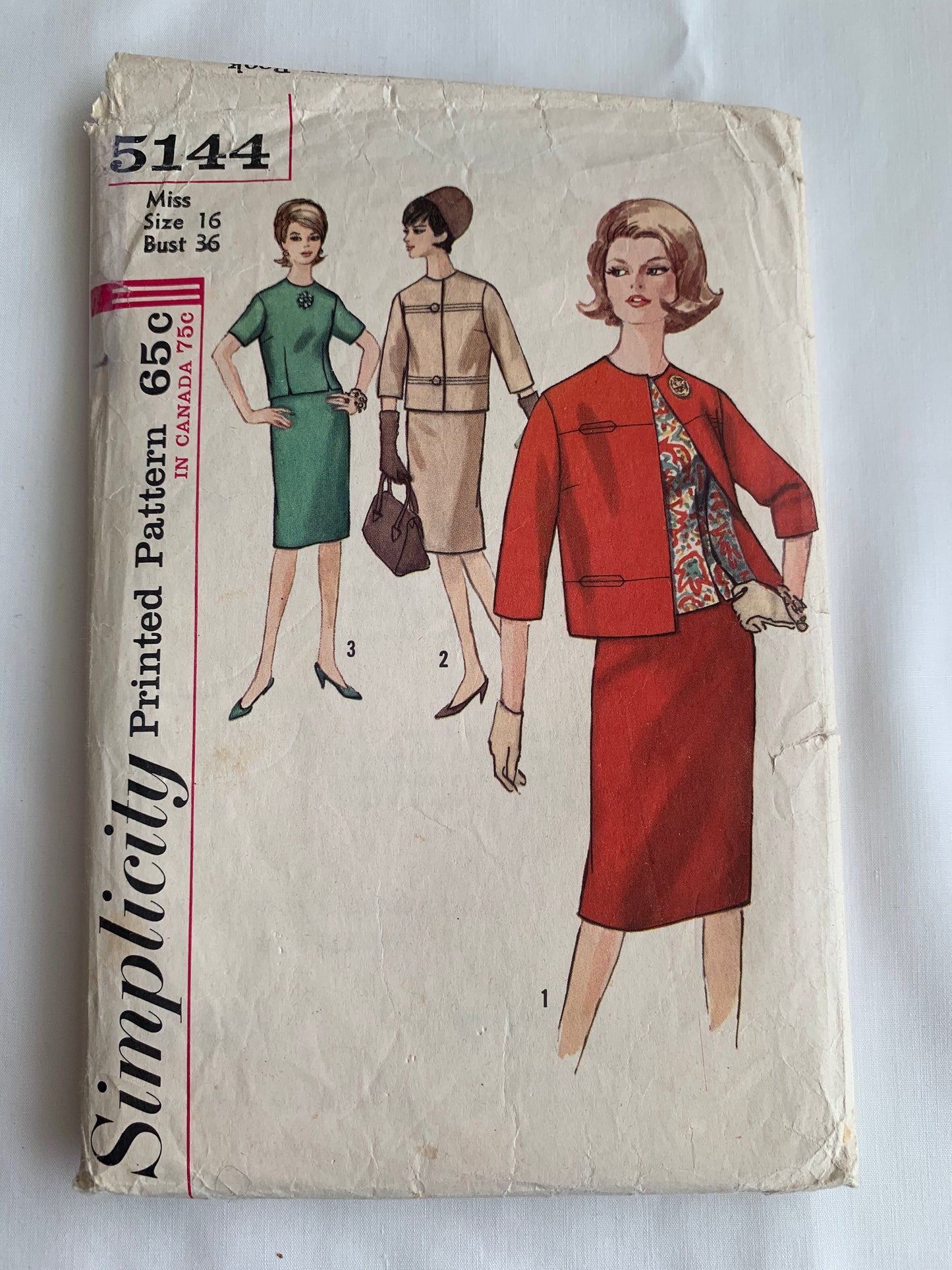 Simplicity Sewing Pattern 5144 Misses' Suit, Overblouse, Skirt, Jacket, Button Back, Zipper Back, Size 16, Cut, Vintage 1960