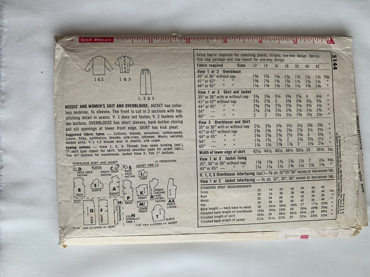 Simplicity Sewing Pattern 5144 Misses' Suit, Overblouse, Skirt, Jacket, Button Back, Zipper Back, Size 16, Cut, Vintage 1960