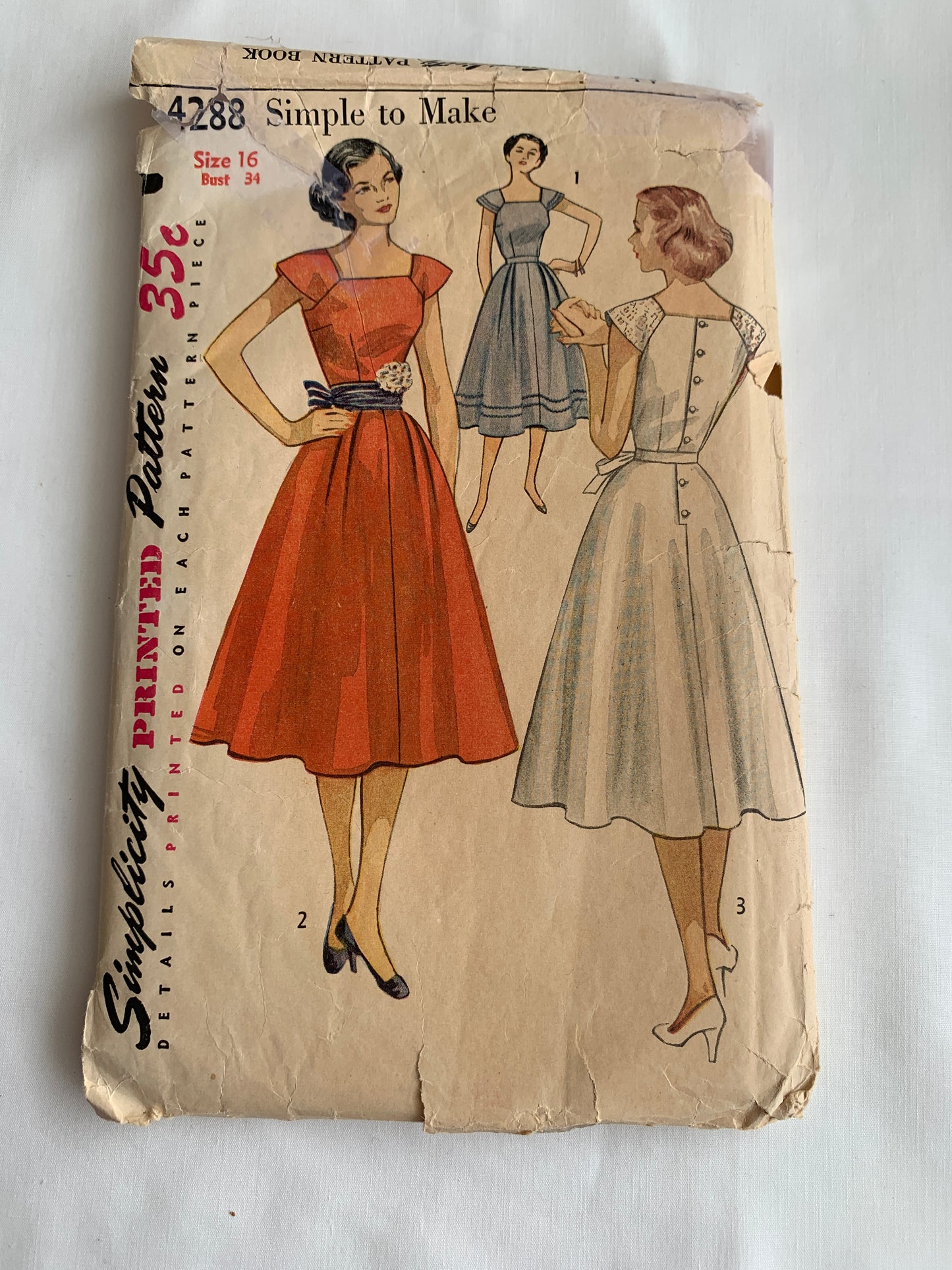 Simplicity Sewing Pattern 4288 Misses' One-Piece Dress, Button Back, Size 16, Cut, Vintage 1950