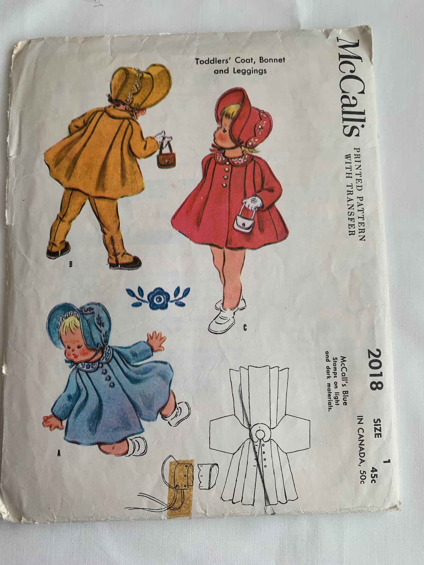 McCall's Sewing Pattern 2018 Toddlers Coat, Bonnet, Leggings, Button Front, Motifs Missing, Long Sleeves, Size 1, Cut, Vintage 1955
