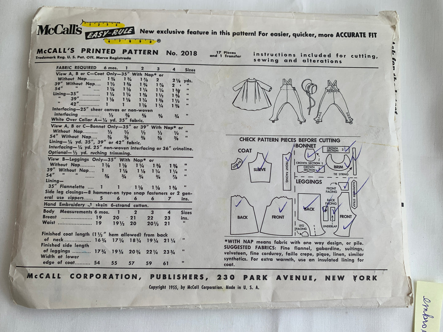 McCall's Sewing Pattern 2018 Toddlers Coat, Bonnet, Leggings, Button Front, Motifs Missing, Long Sleeves, Size 1, Cut, Vintage 1955