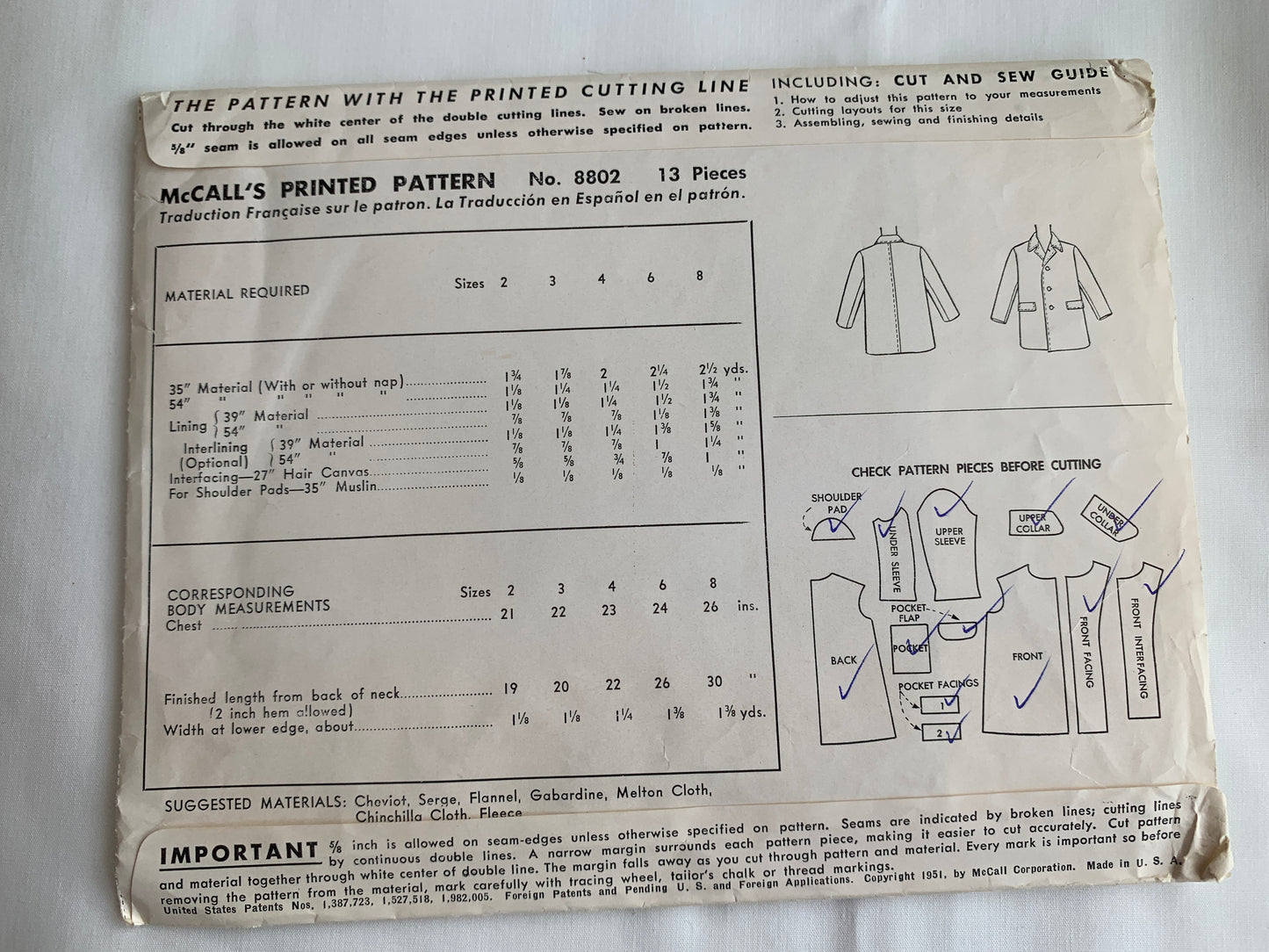 McCall's Sewing Pattern 8802 Boys' Coat, 3 Variations, Button Front, Pockets, Long Sleeves, Collar, Size 2, Cut, Vintage 1951