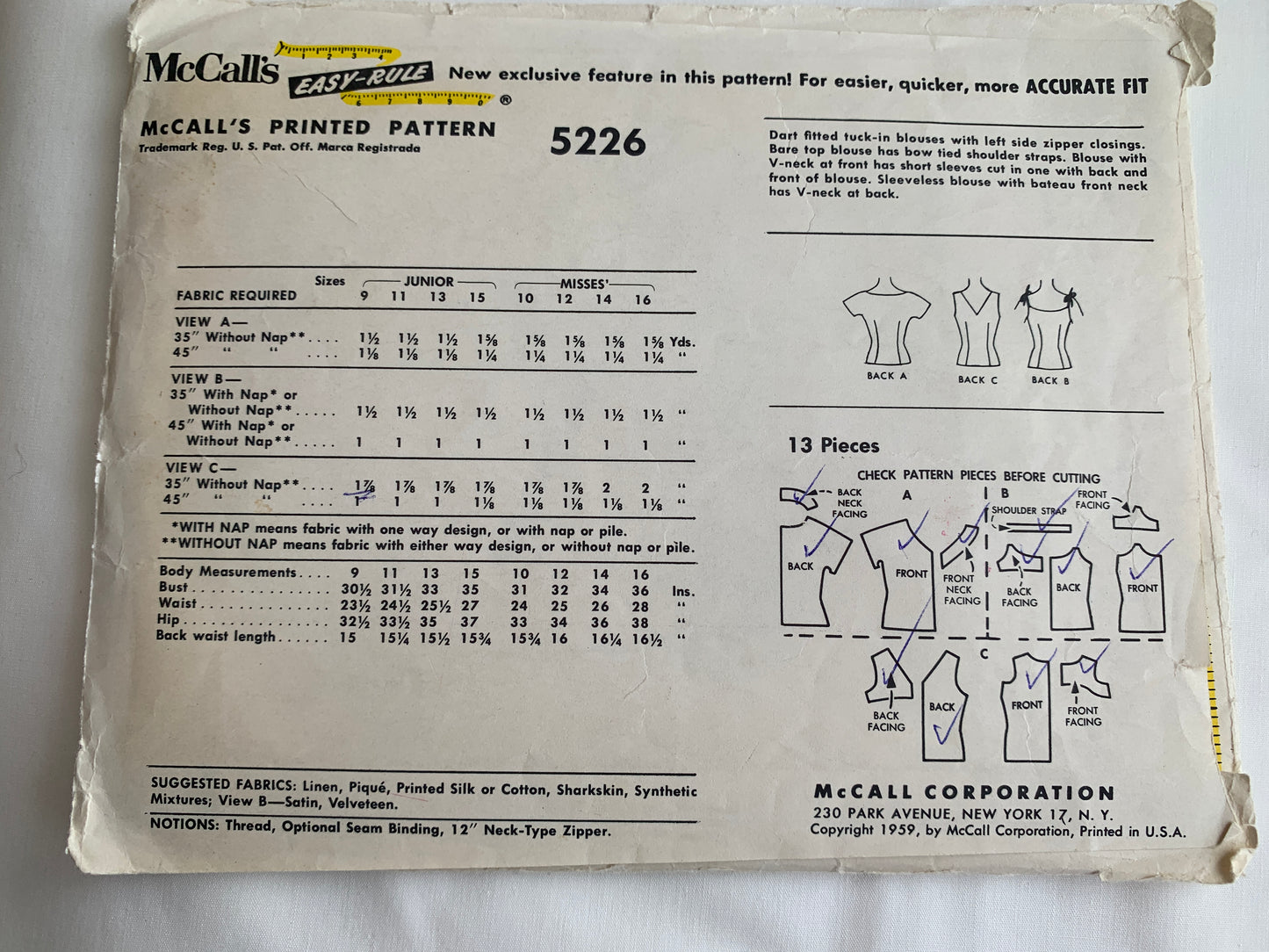 McCall's Sewing Pattern 5226 Misses' Blouse,Three Variations, Sleeveless, Zipper Back, Size 9, Cut, Vintage 1950