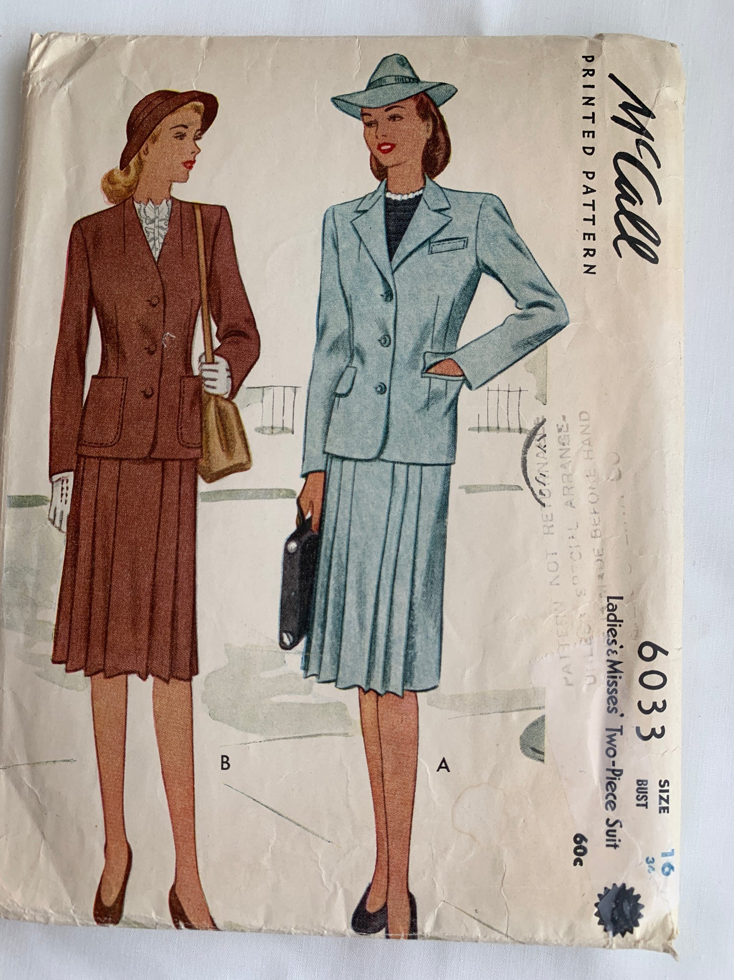McCall's Sewing Pattern 6033 Misses' Jacket, Skirt, Pockets, Front Button, Zipper Back, Size 16, Cut, Vintage 1945
