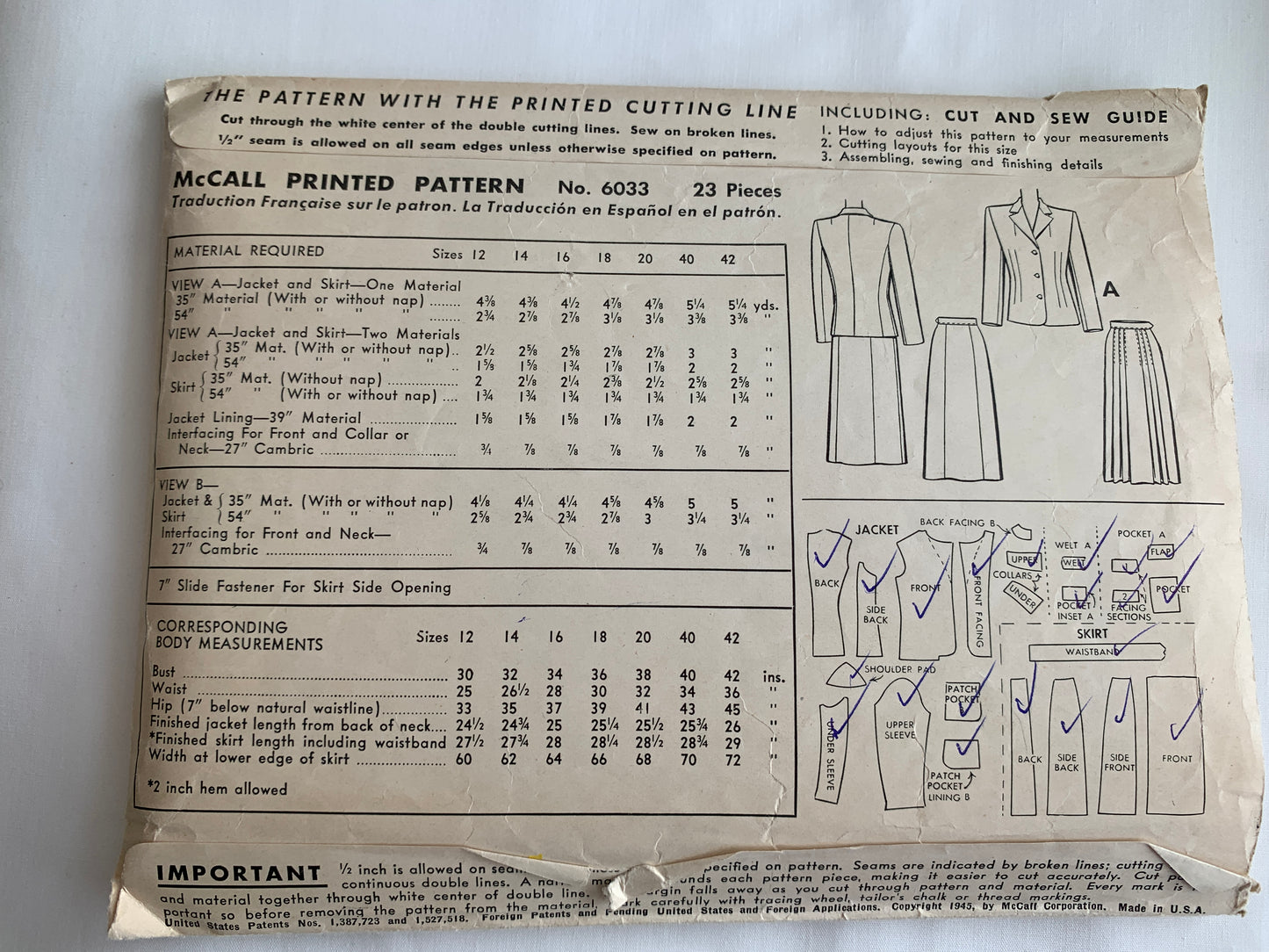 McCall's Sewing Pattern 6033 Misses' Jacket, Skirt, Pockets, Front Button, Zipper Back, Size 16, Cut, Vintage 1945