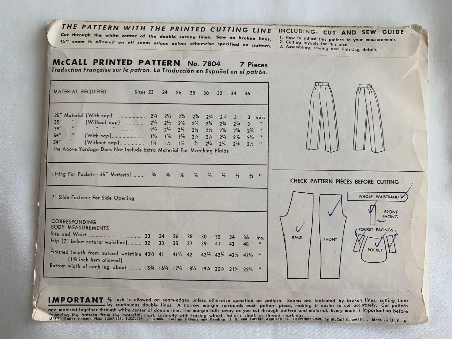 McCall's Sewing Pattern 7804 Misses' Pants, Slacks, Side Zipper, Pockets, Waist 26, Cut, Vintage 1949