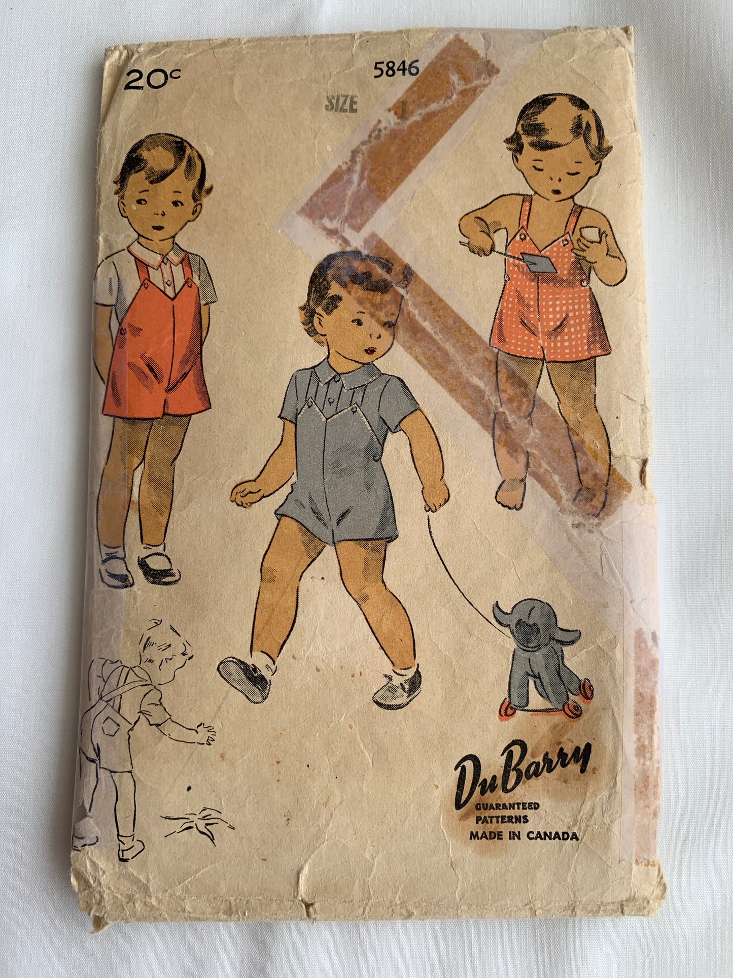 Du Barry Sewing Pattern 5846 Boy's Playsuit, Blouse, Suspenders, Button Front, Pockets, Collar, 3 Variations, Size 1, Cut, Vintage 1940