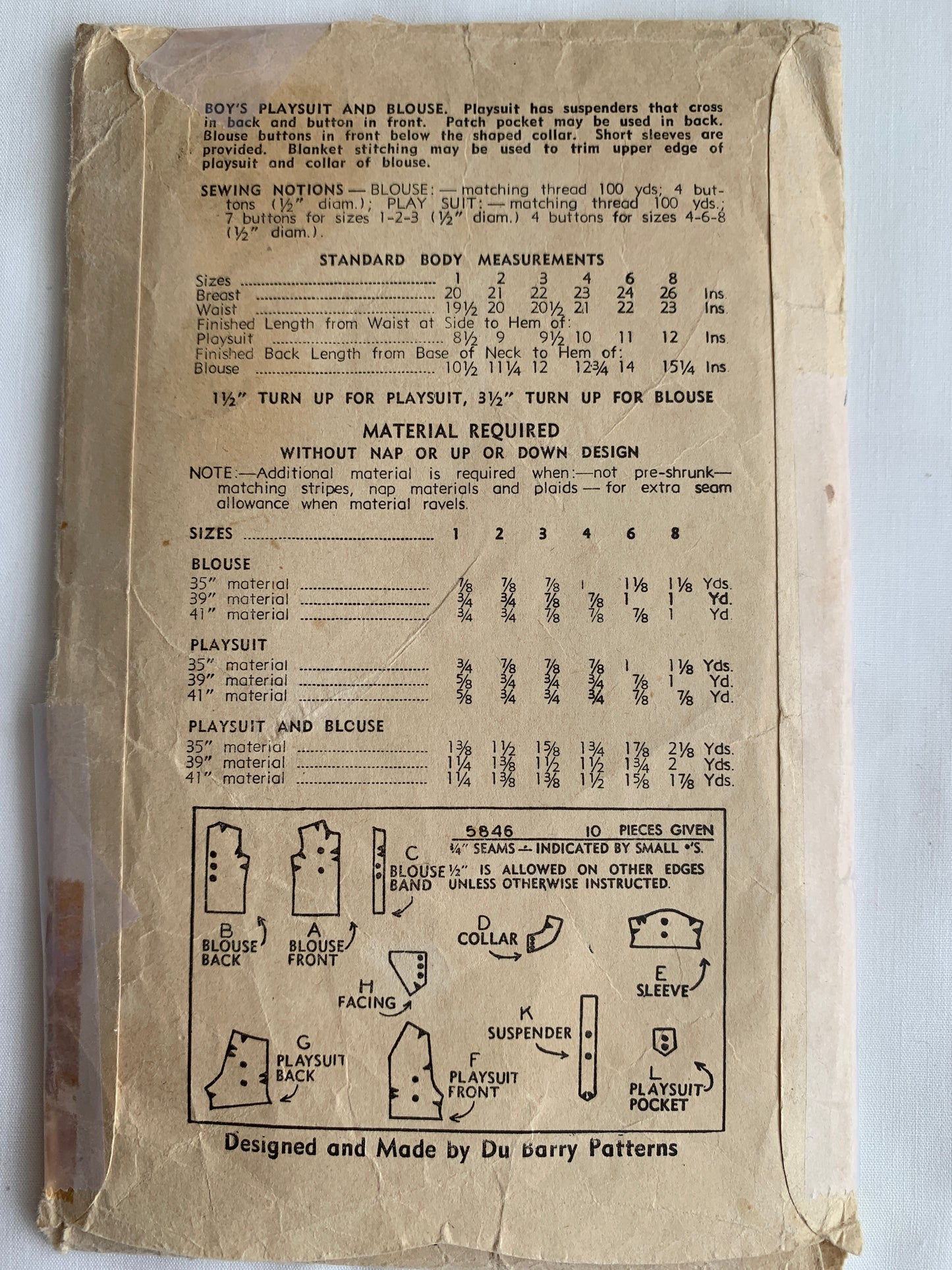 Du Barry Sewing Pattern 5846 Boy's Playsuit, Blouse, Suspenders, Button Front, Pockets, Collar, 3 Variations, Size 1, Cut, Vintage 1940