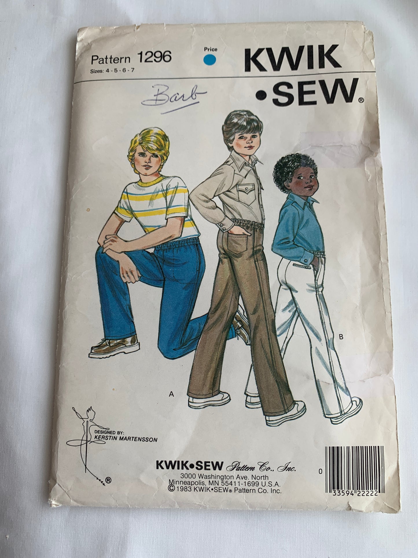KWIK Sewing Pattern 1296 Boys' Pants, Elastic Waist, Pockets, 2 Variations, Size 4-7, Uncut, Vintage 1980