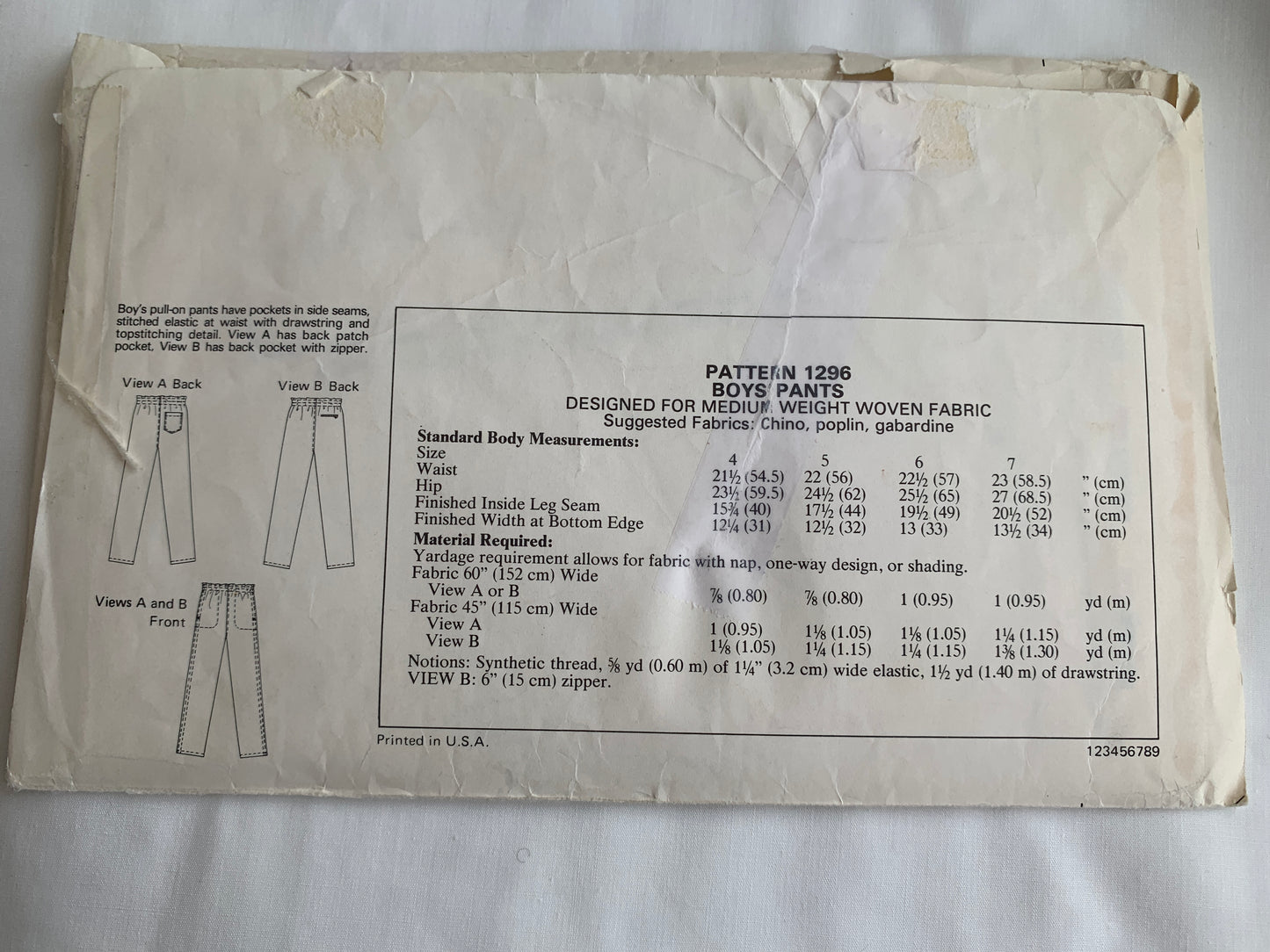 KWIK Sewing Pattern 1296 Boys' Pants, Elastic Waist, Pockets, 2 Variations, Size 4-7, Uncut, Vintage 1980