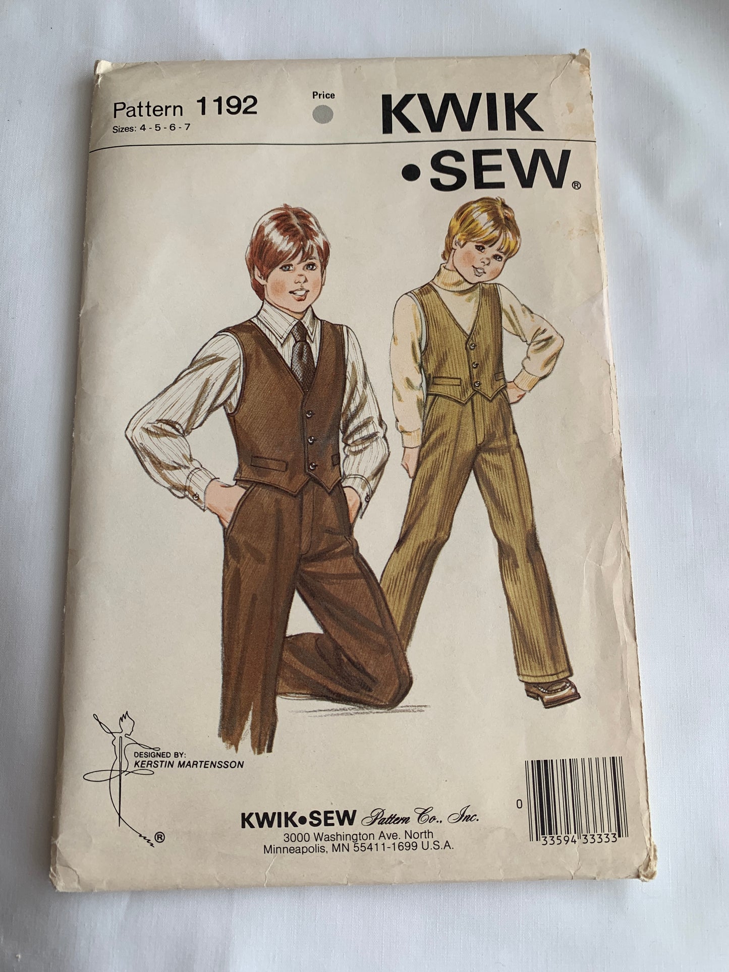 KWIK Sewing Pattern 1192 Boys' Pants, Vest, Button Front, Zipper Front, Pockets, Size 4-7, Uncut, Vintage 1982