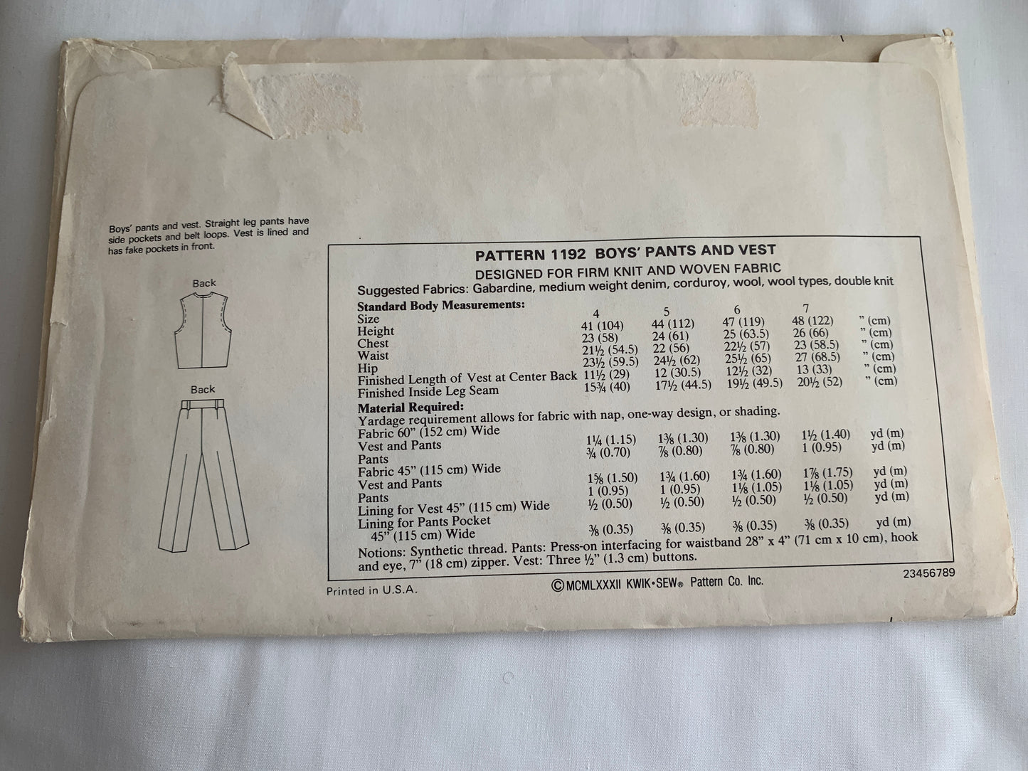 KWIK Sewing Pattern 1192 Boys' Pants, Vest, Button Front, Zipper Front, Pockets, Size 4-7, Uncut, Vintage 1982