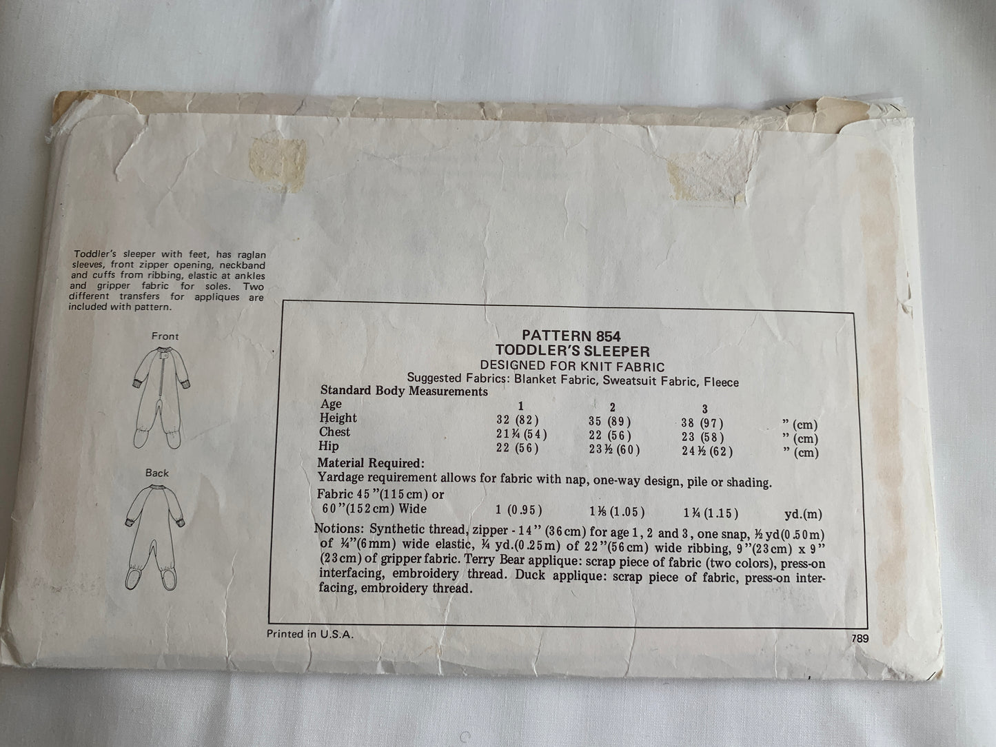 KWIK Sewing Pattern 854 Toddlers' Sleeper, Long Raglan Sleeves, Zipper Front, Feet, Size 1-3, Uncut, Vintage 1980