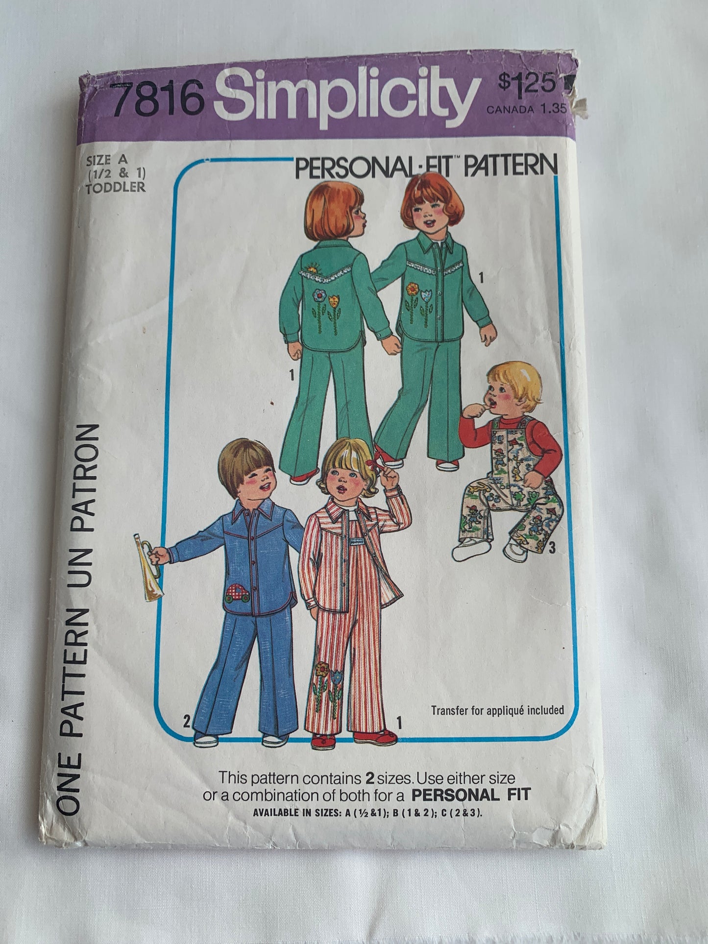 Simplicity Sewing Pattern 7816 Toddlers' Coveralls, Shirt, Transfers, Long Sleeves, Button Front, Size 1/2-1, Cut, Vintage 1976