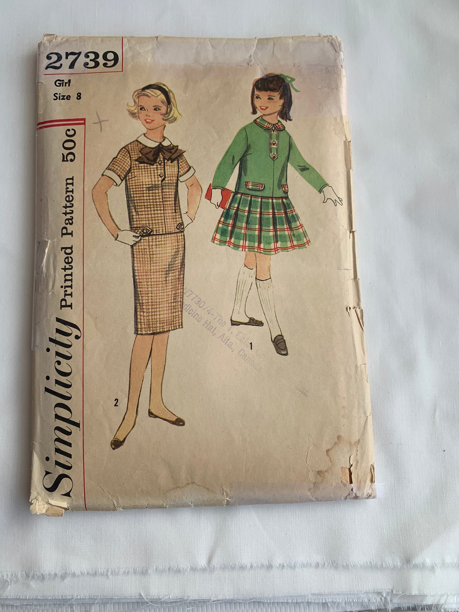 Simplicity Sewing Pattern 2739 Girls' Overblouse, Detachable Collar, Cuffs, Bow, Skirts, Size 8, Cut, Vintage 1960