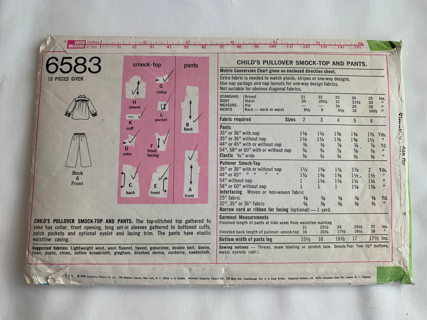 Simplicity Sewing Pattern 6583 Girls' Smock Top, Pants, Pullover, Collar, Elastic Waist, Pockets, Size 5, Cut, Vintage 1974