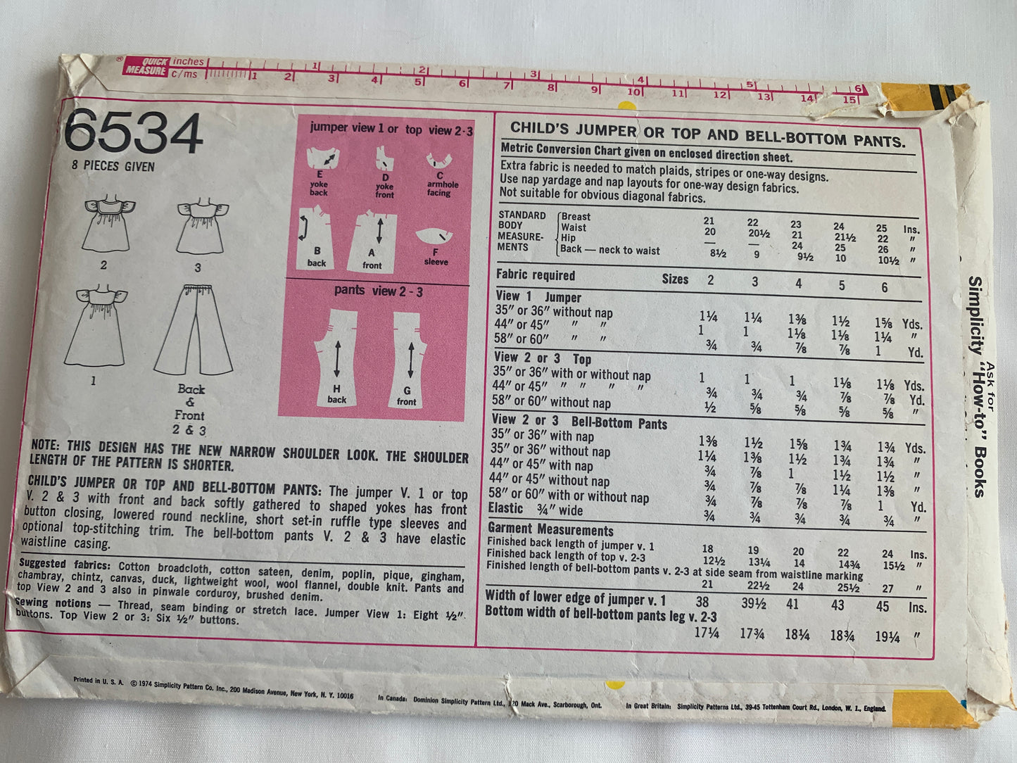 Simplicity Sewing Pattern 6534 Girls' Dress, Jumper, Top, Bell Bottom Pants, Elastic Waist, Short Sleeves, Size 5, Cut, Vintage 1974