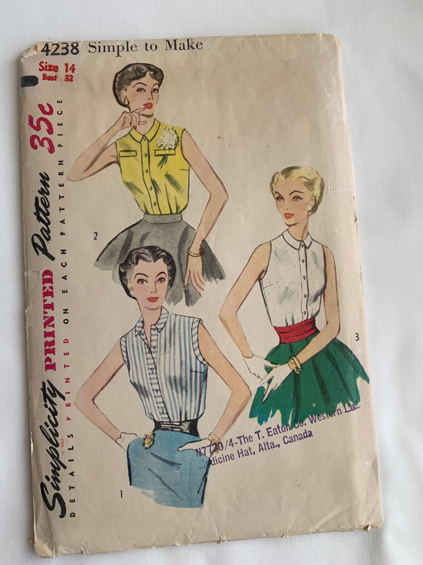Simplicity Sewing Pattern 4238 Misses' Blouses, Button Front, Sleeveless, Collar, 3 Variations, Size 14, Cut, Vintage 1950