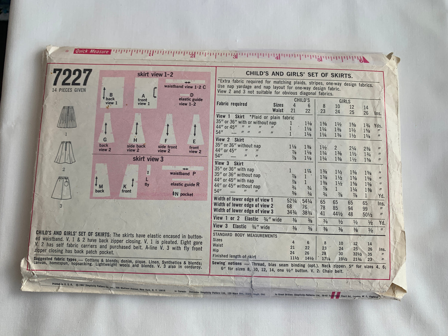 Simplicity Sewing Pattern 7227 Girls' Skirts, 3 Variations, Full Flared, Zipper Back, Size 8, Cut, Vintage 1967